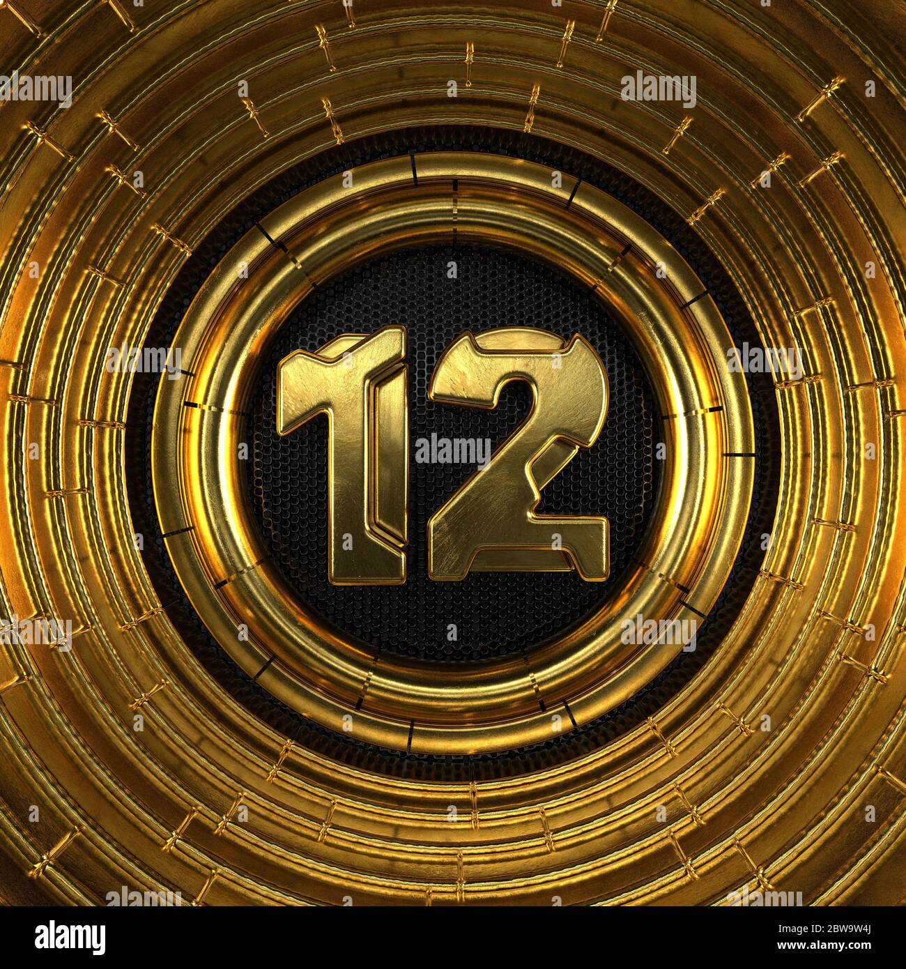 Numero d'oro 12 (numero dodici) con fondo in metallo nero traforato e anelli d'oro intorno. Illustrazione 3D Foto Stock