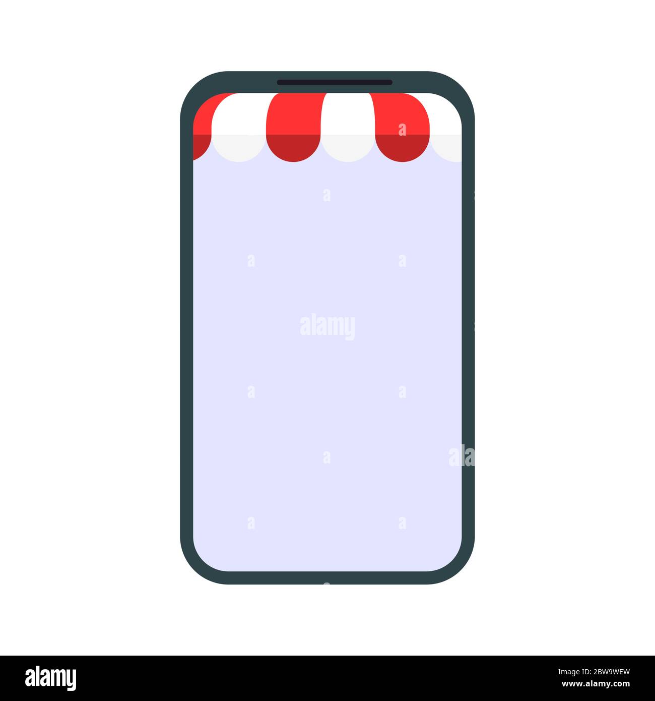 Negozio online in smartphone con tenda. Vetrina mobile per smartphone con tenda rossa, illustrazione del mercato dei servizi di shopping Illustrazione Vettoriale
