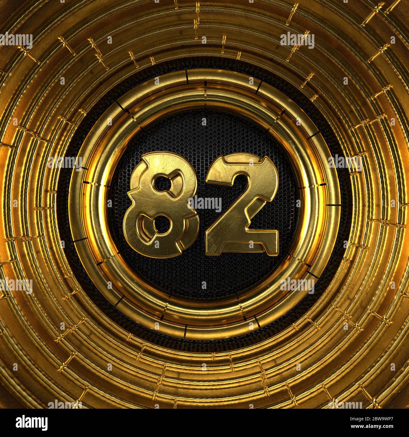 Numero d'oro 82 (numero ottantadue) con fondo in metallo nero traforato e anelli d'oro intorno. Illustrazione 3D Foto Stock