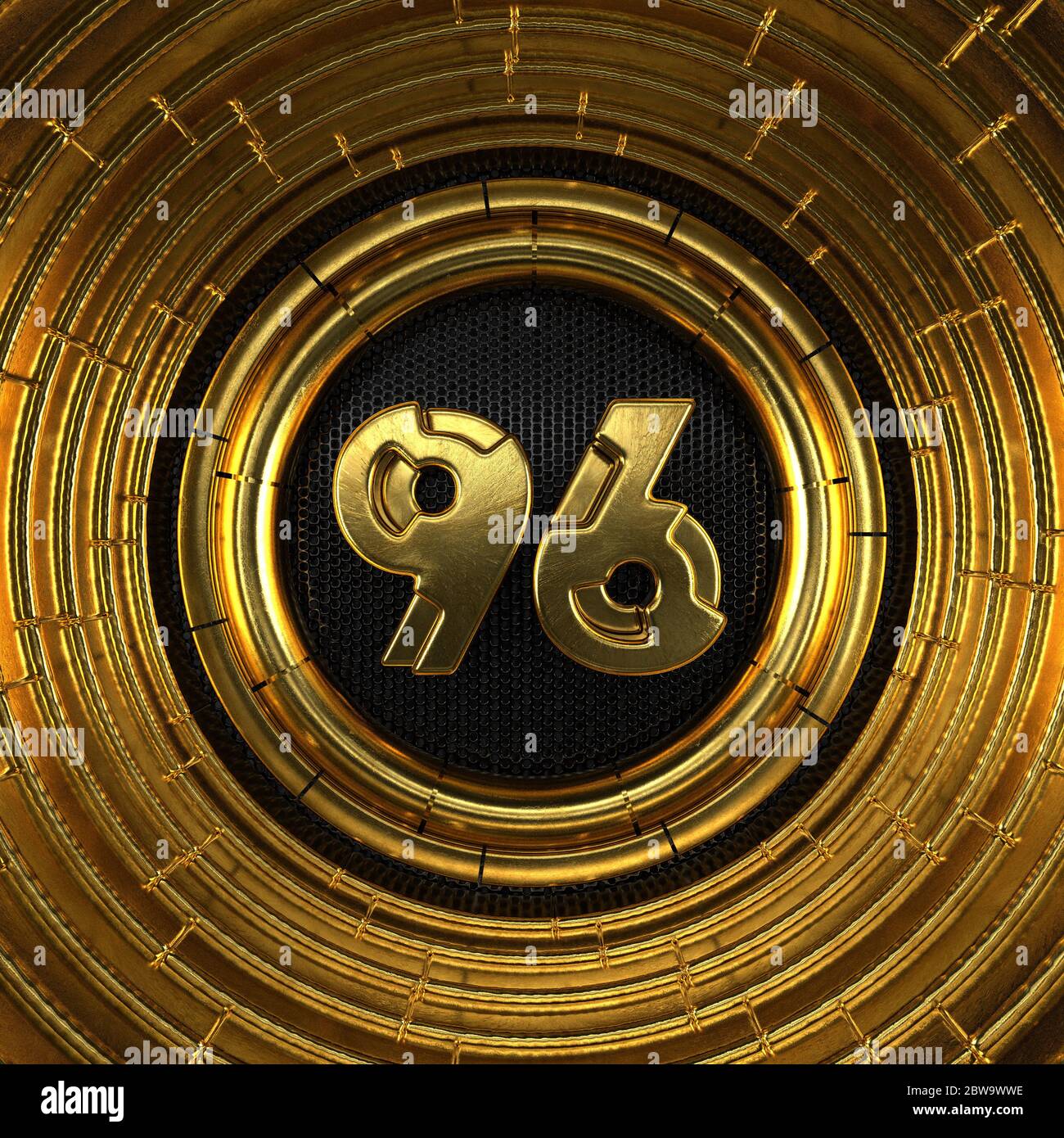 Numero d'oro 96 (numero novantasei) con fondo in metallo nero traforato e anelli d'oro intorno. Illustrazione 3D Foto Stock