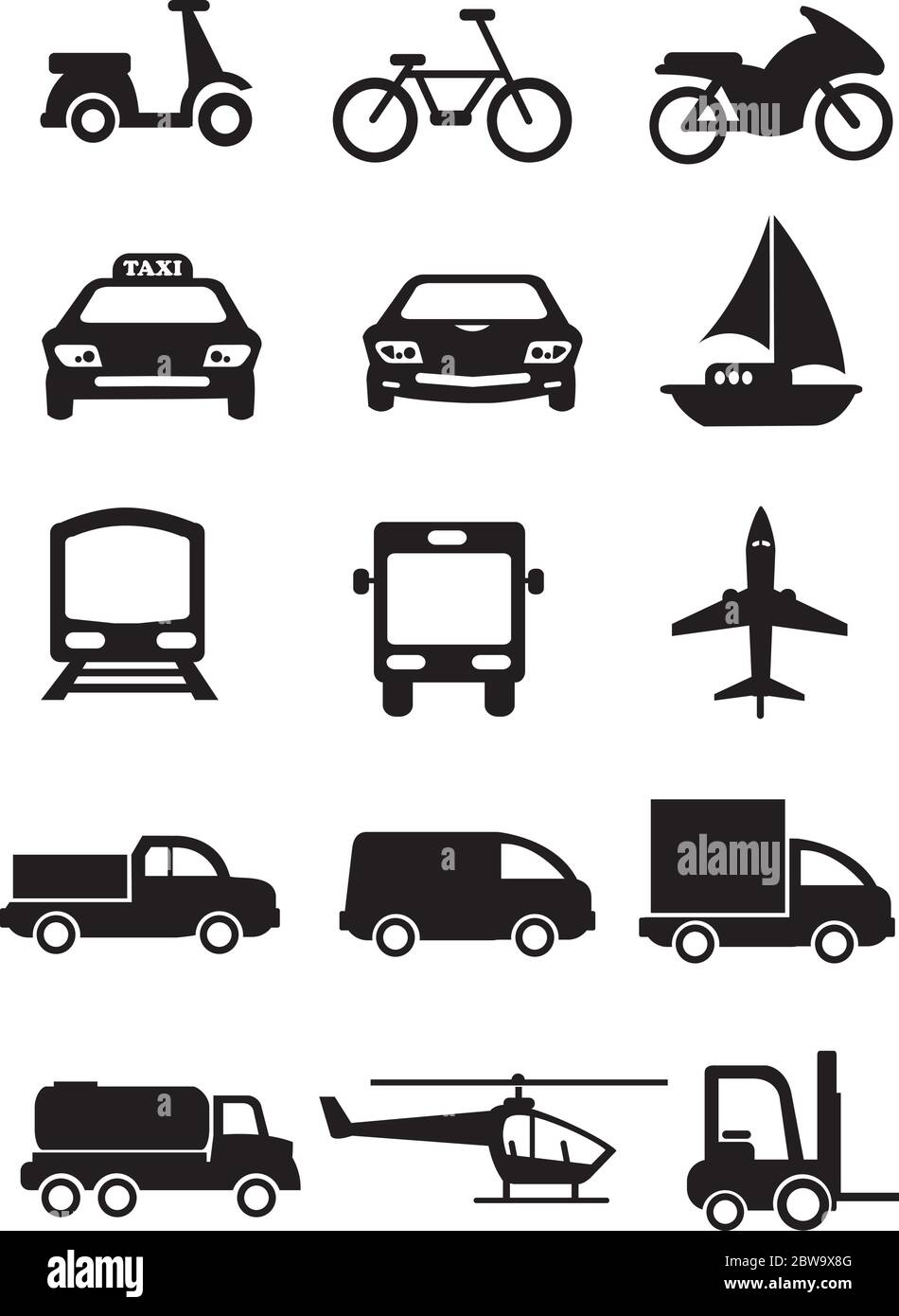 Icone vettoriali di veicoli per diverse modalità di trasporto. Icone nere isolate su sfondo bianco. Illustrazione Vettoriale
