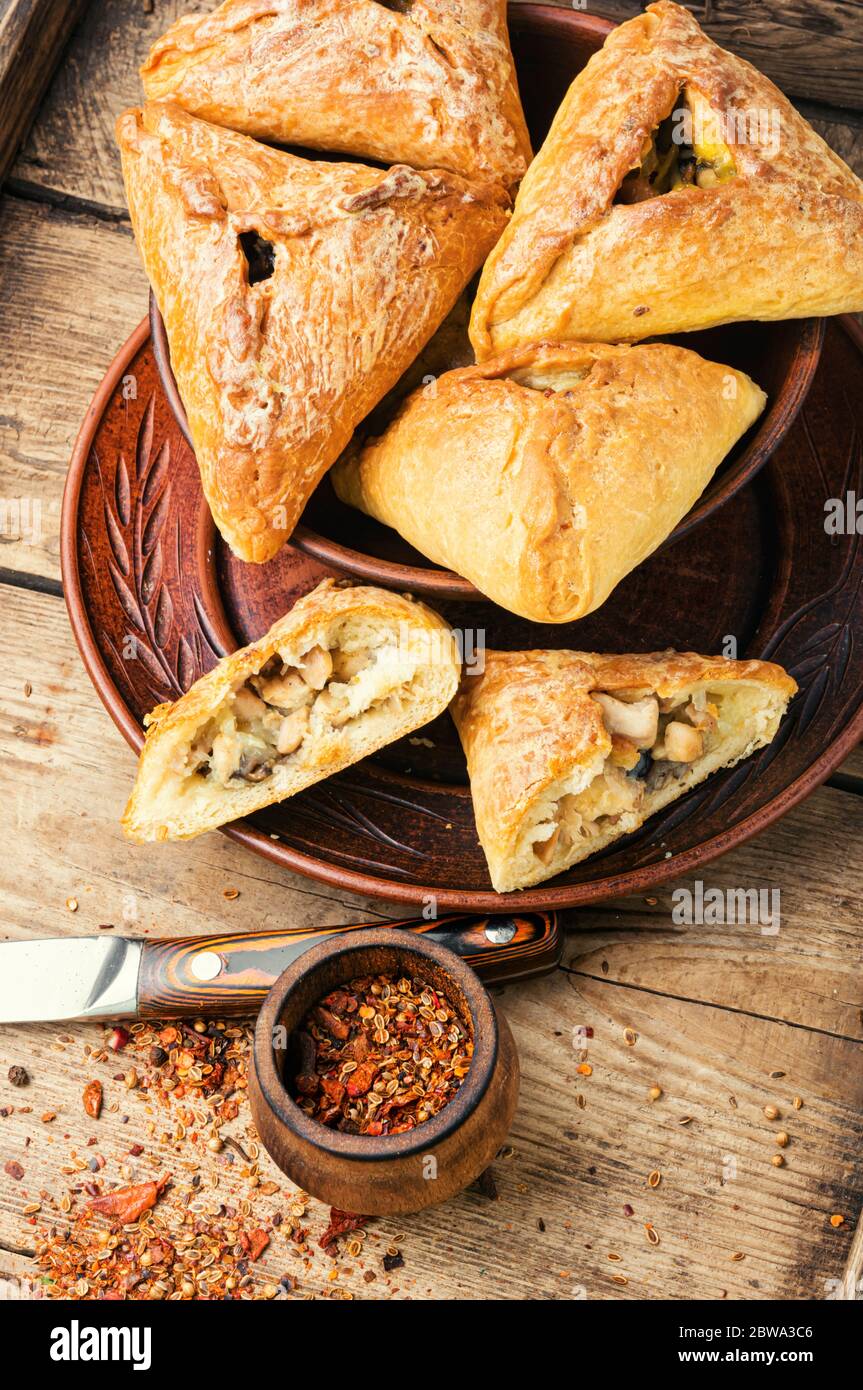 Kurnik, torta ripiena di pollo e funghi su tavola di legno Foto Stock