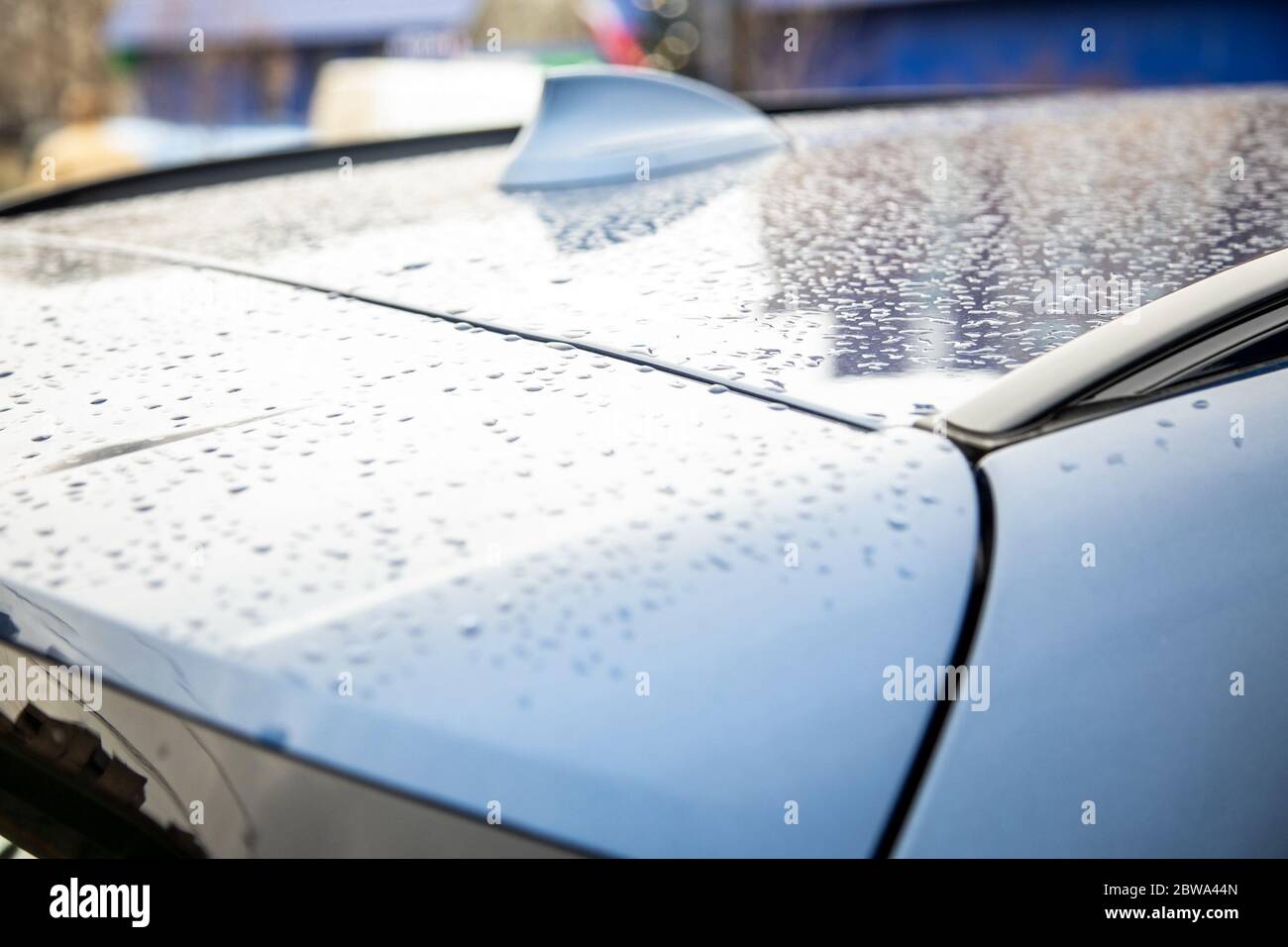 tetto di un'auto blu con un'antenna a pinna di un ricevitore radio coperto da gocce di pioggia dopo la pioggia. primo piano, messa a fuoco morbida. sfondo sfocato Foto Stock