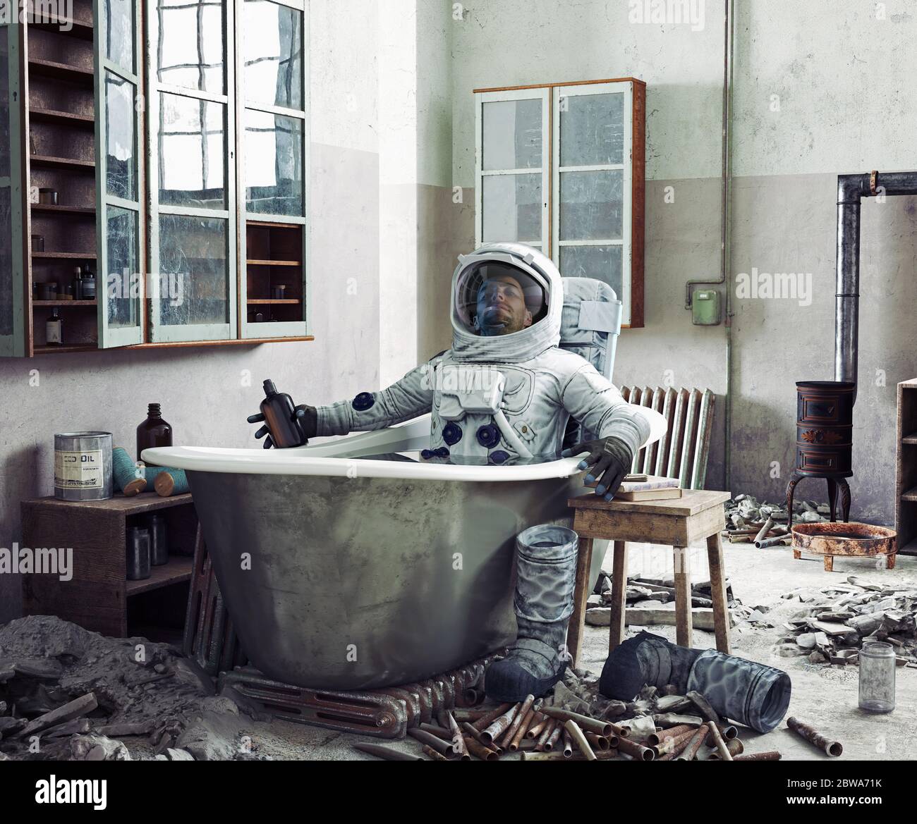 astronauta che riposa a casa nella vasca da bagno. Illustrazione mista di foto e supporti Foto Stock