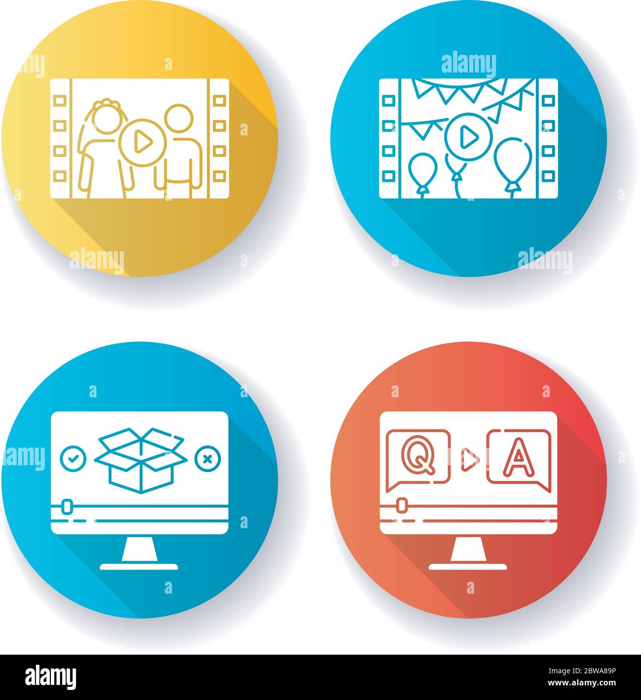 Contenuto video disegno piatto lunghe ombre glifo icone set Illustrazione Vettoriale