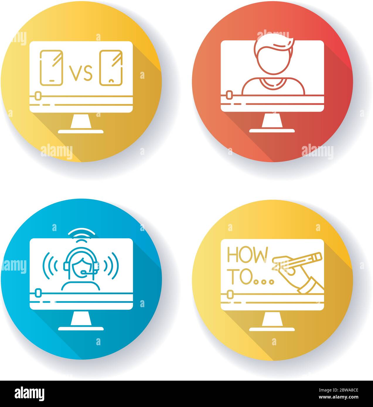 Video online guardare disegno piatto lunghe ombre glifo icone set Illustrazione Vettoriale