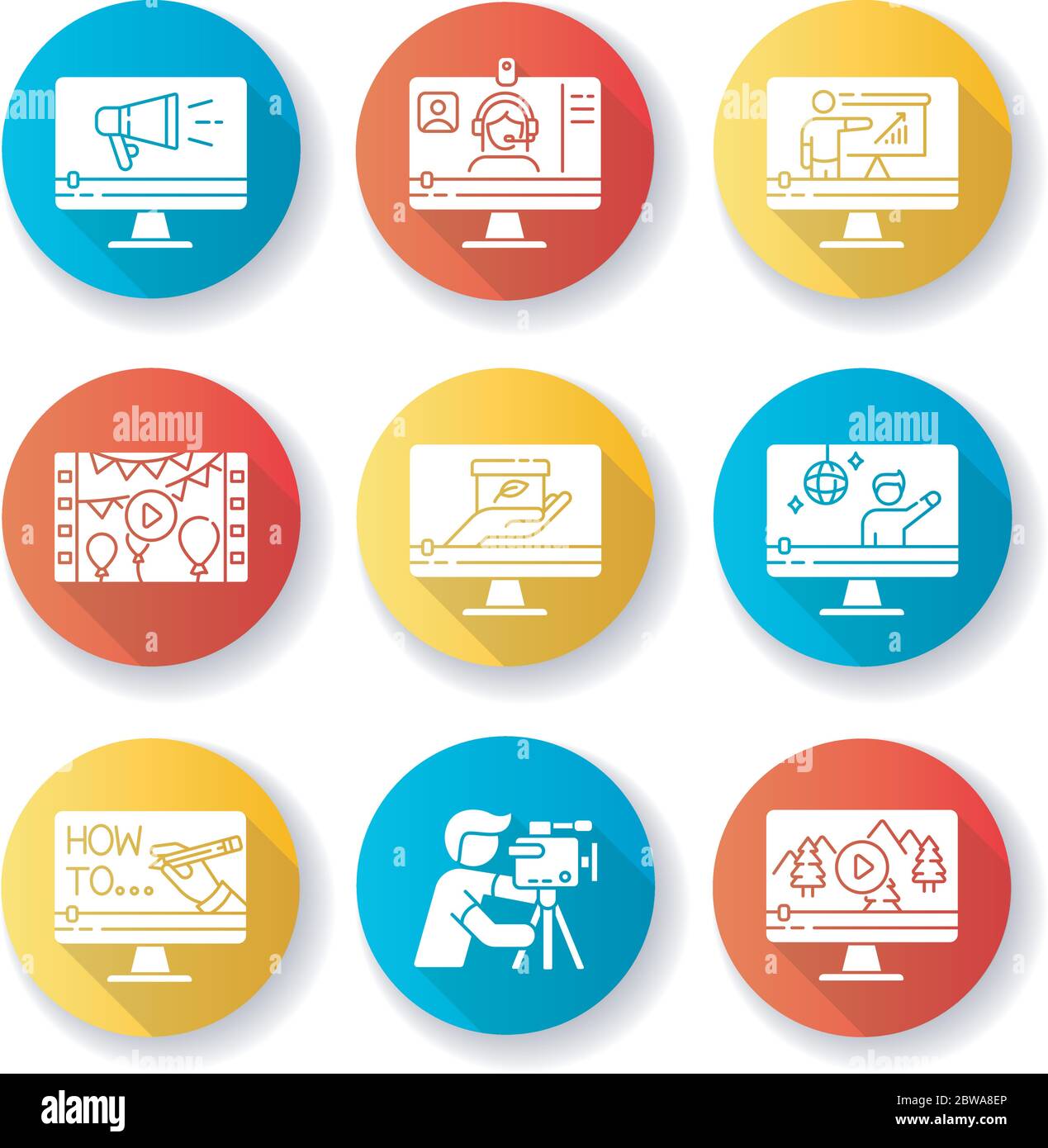 Videografia design piatto set di icone glifo a ombre lunghe Illustrazione Vettoriale