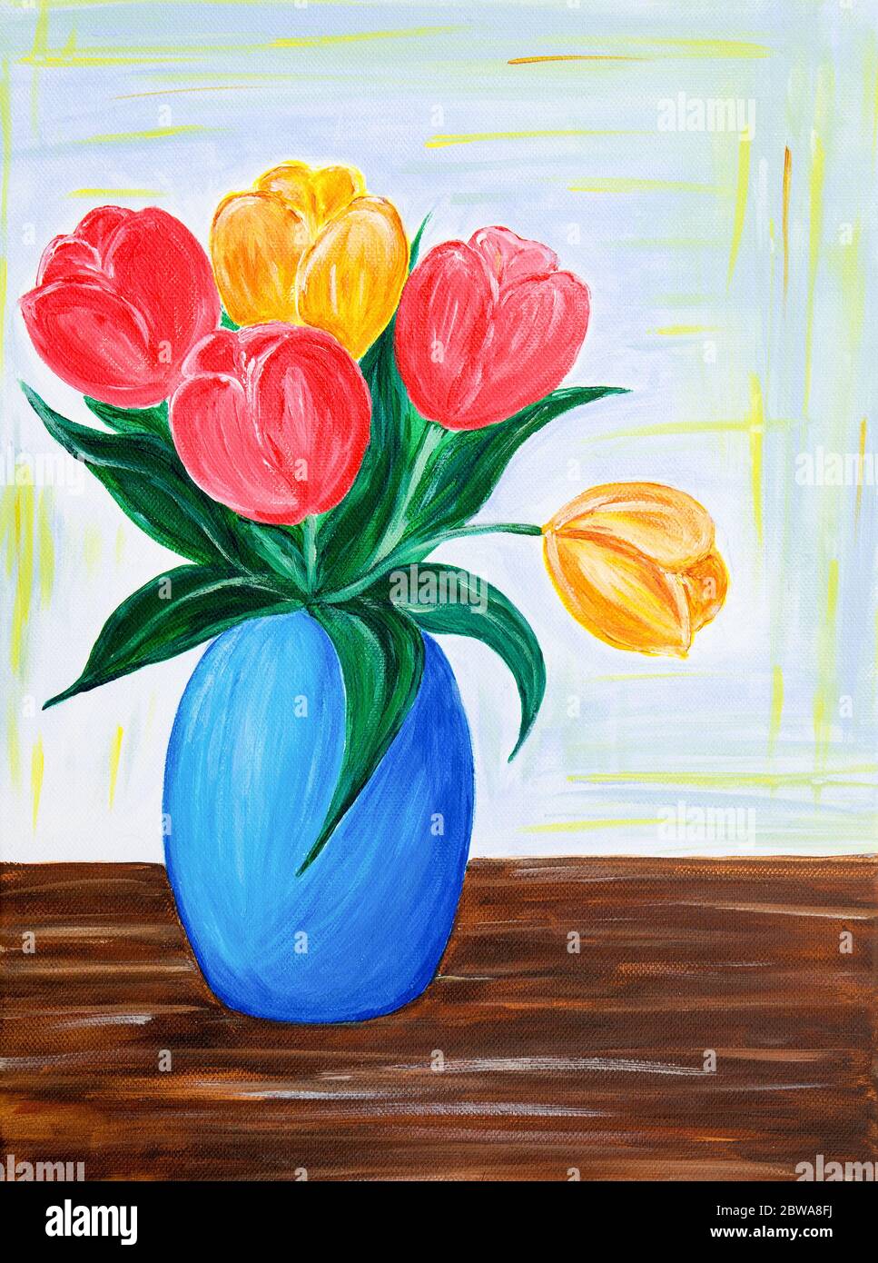 Originale pittura acrilica di fiori freschi bouquet.tulipani rossi e arancioni in un vaso su tela.Impressionismo moderno, modernismo, marinismo Foto Stock