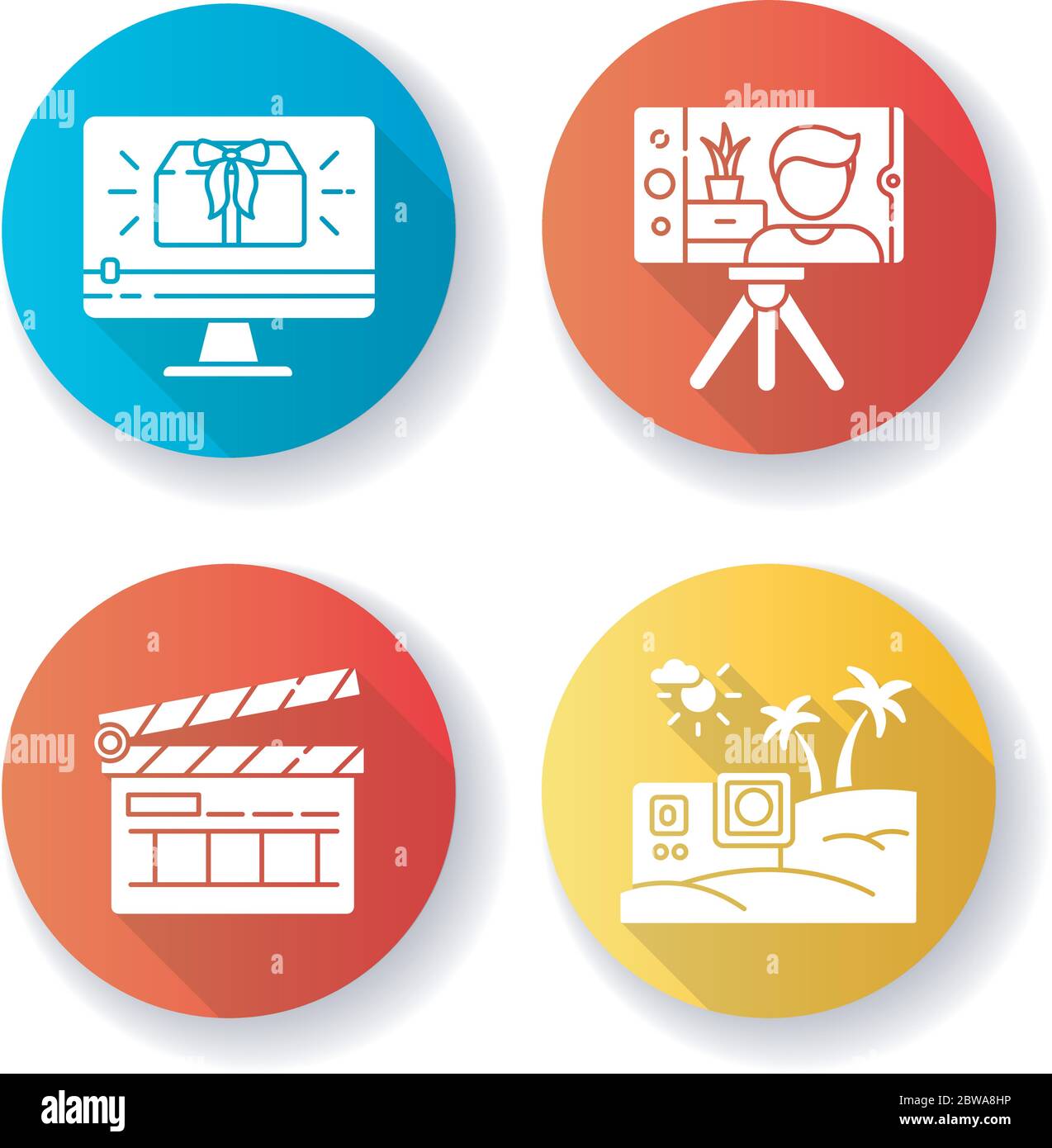 Filmmaking e Internet blogging piano di disegno glyph a lunga ombra set di icone Illustrazione Vettoriale