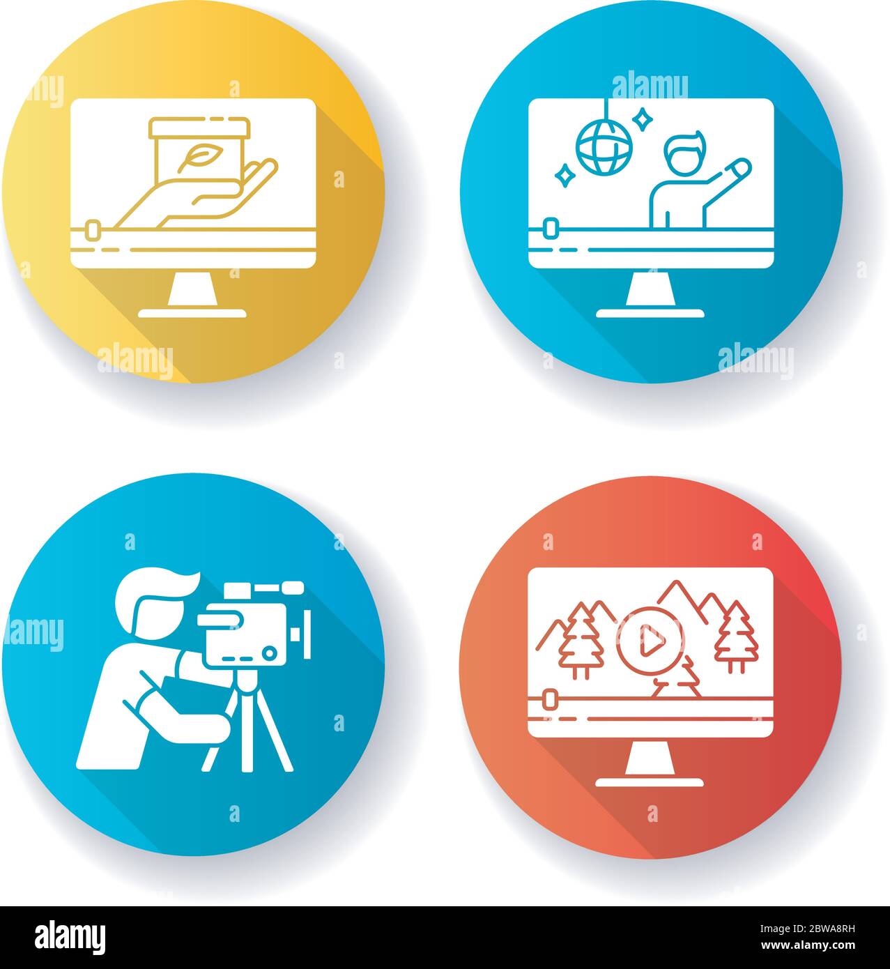 Filmmaking e videografia design piatto glifo a lunga ombra set di icone Illustrazione Vettoriale