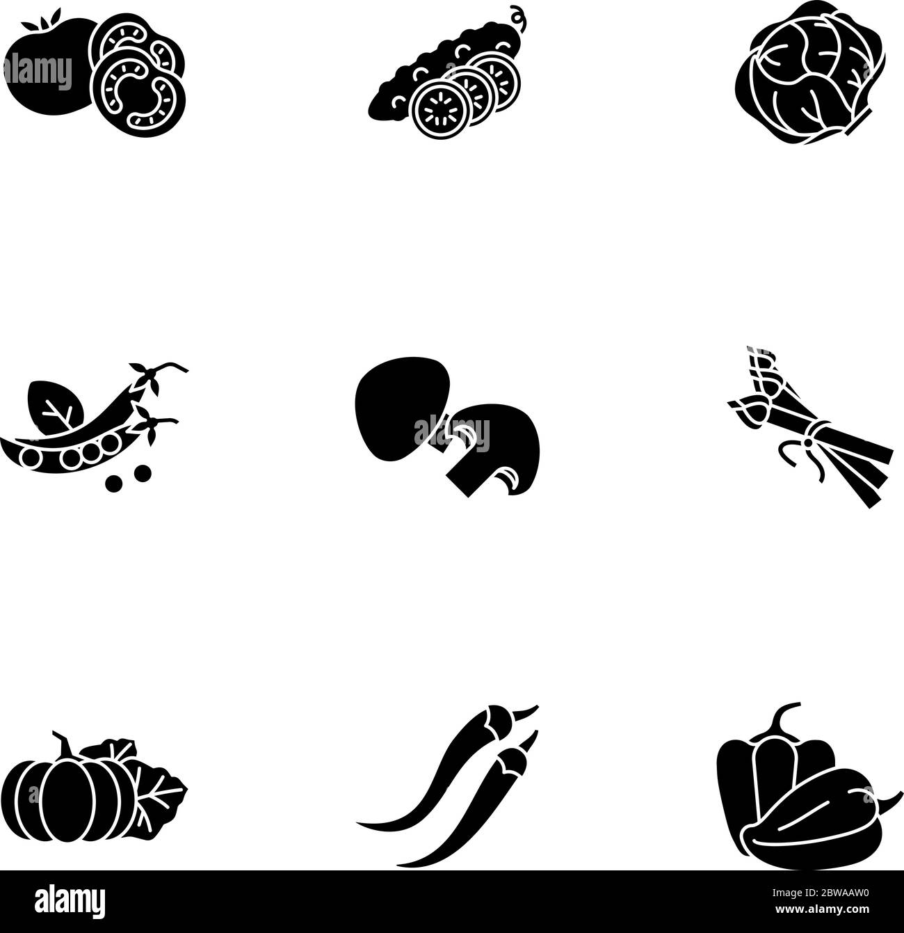 Icone glifo nero veggie impostate su spazio bianco Illustrazione Vettoriale