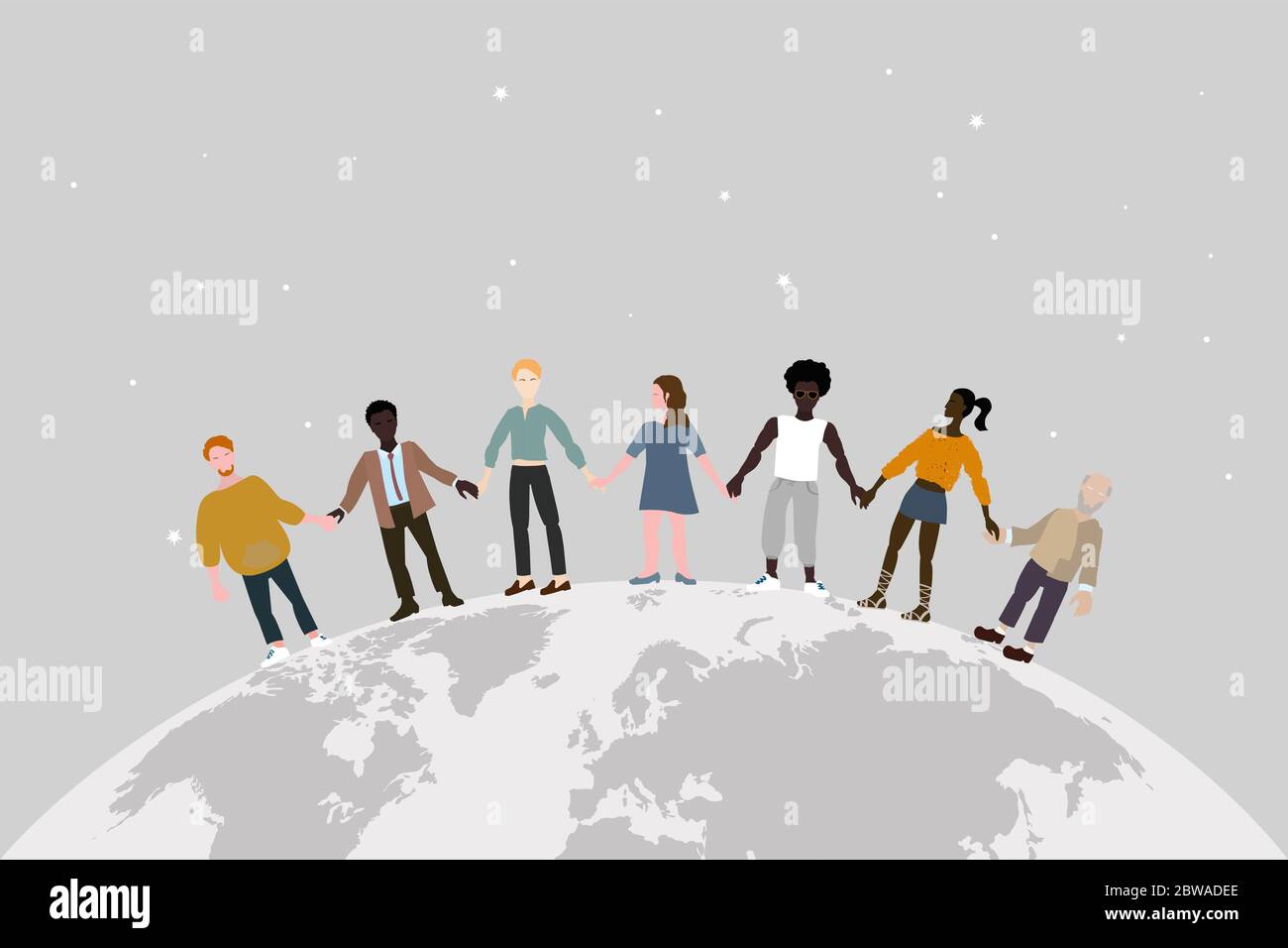 Insieme siamo forti. Un gruppo multinazionale di persone si trova insieme tenendo le mani sul globo. Unità del popolo della terra, resistenza. Illustrazione Vettoriale