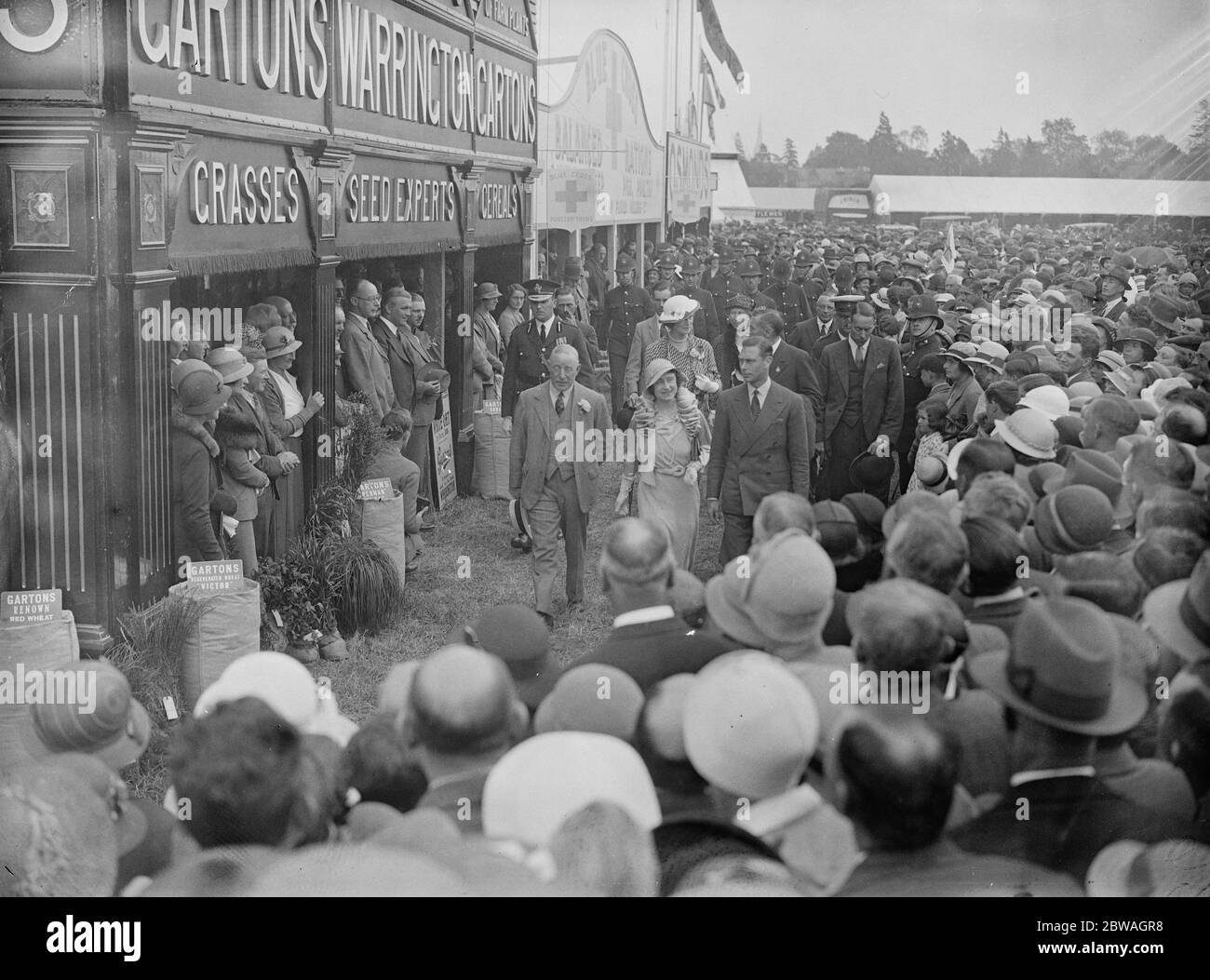 Il Royal Counties Show di Salisbury il Duca e la Duchessa di York passando attraverso lo stand di Garton' s (Warrington) 7 giugno 1934 Foto Stock