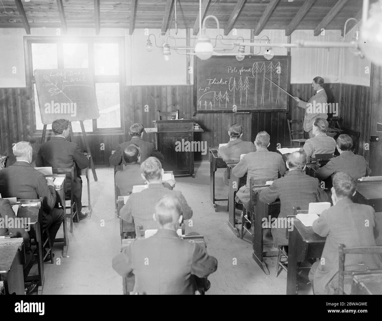 A Brockenhurst, nella New Forest , nell' Hampshire , la Scuola forestale per disabili ex-servitori della Commissione forestale. Studenti che prendono appunti della lezione 7 novembre 1920 Foto Stock