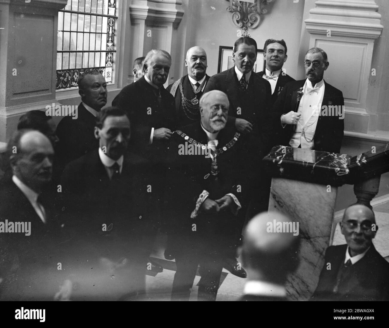 Festa di Colchester Oyster il signor Lloyd George, Lord Birkenhead e il Signore sindaco di Londra ( Sir John Baddeley ) 19 ottobre 1922 Foto Stock