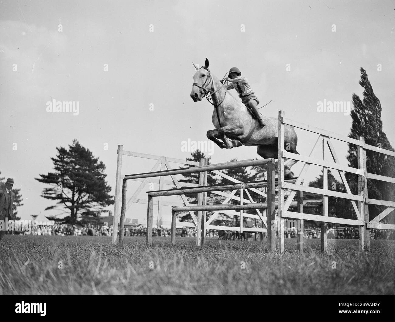 Paddock Wood Horse Show Miss Pauline Jones of East Grinstead prendendo il triplo bar nella gara di salto aperto 1932 Foto Stock