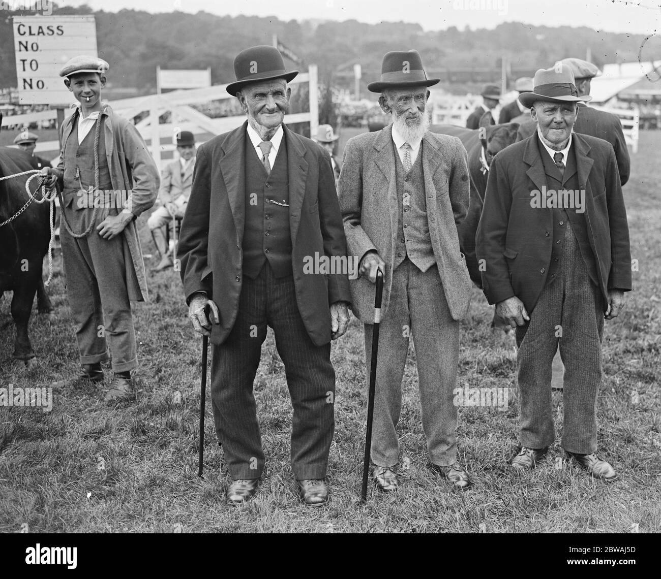 Tipici Countrymen dipendenti di lunga durata al Tunbridge Wells Agricultural show . George Wells ( East Peckham ), David Tolhurst ( Bayham Abbey ) e James Wells ( East Peckham ) 25 luglio 1928 Foto Stock