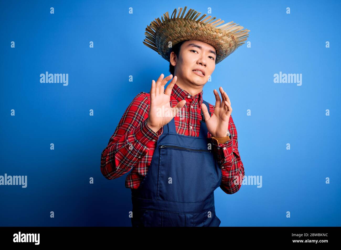 Giovane bel contadino cinese che indossa grembiule e cappello di paglia su  sfondo blu disgustò l'espressione, dispiaciuto e pauroso fare disgusto  faccia bec Foto stock - Alamy