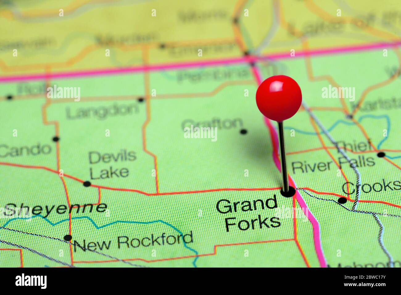 Grand Forks è stato puntato su una mappa del North Dakota, Stati Uniti Foto Stock