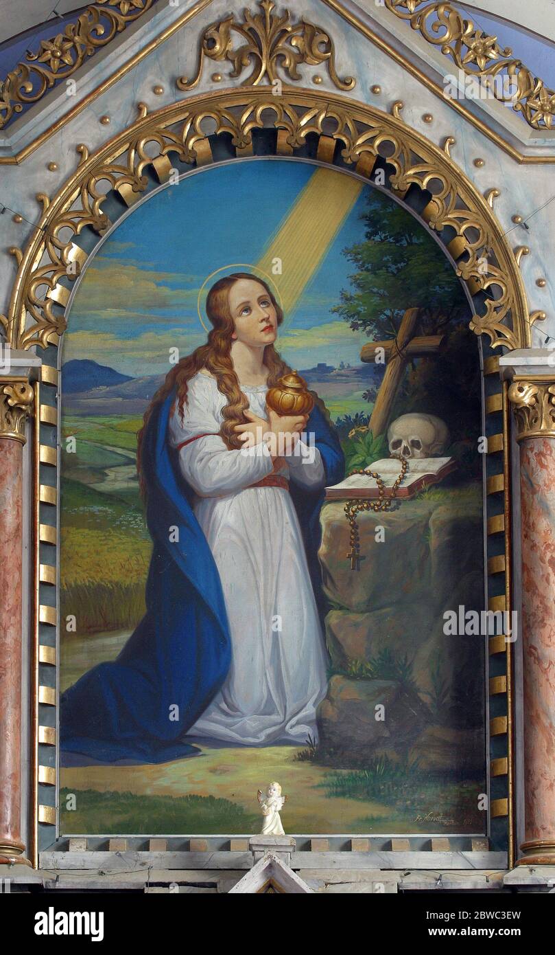 Santa Maria Maddalena, pala d'altare nella chiesa parrocchiale di Santa Maria Maddalena a Sopje, Croazia Foto Stock