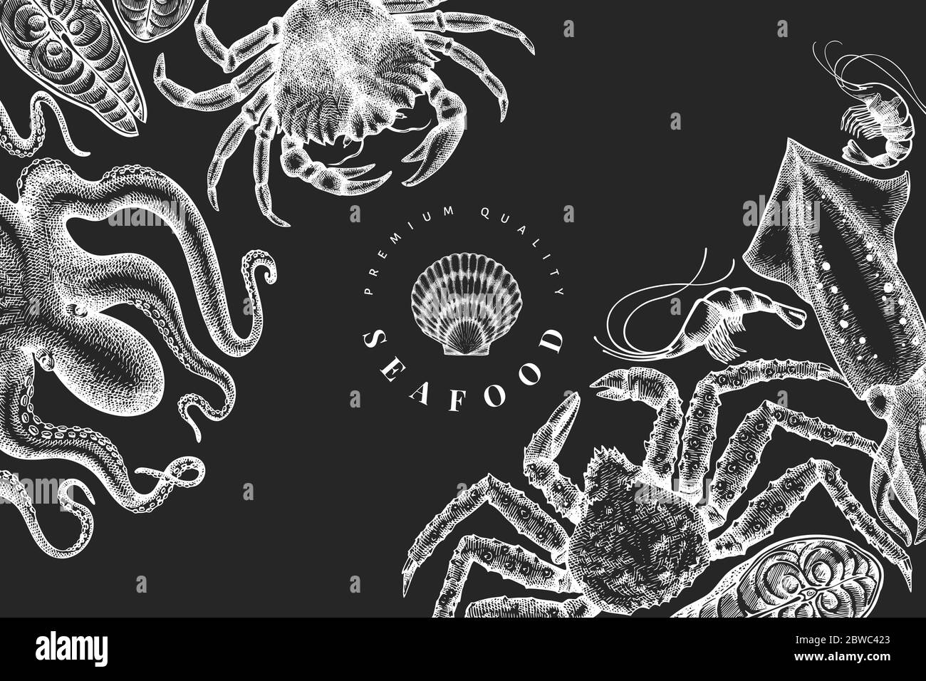 Modello di disegno di frutti di mare. Illustrazione dei frutti di mare vettoriali disegnati a mano su una tavola di gesso. Banner alimentare in stile inciso. Vintage animali di mare sfondo Illustrazione Vettoriale