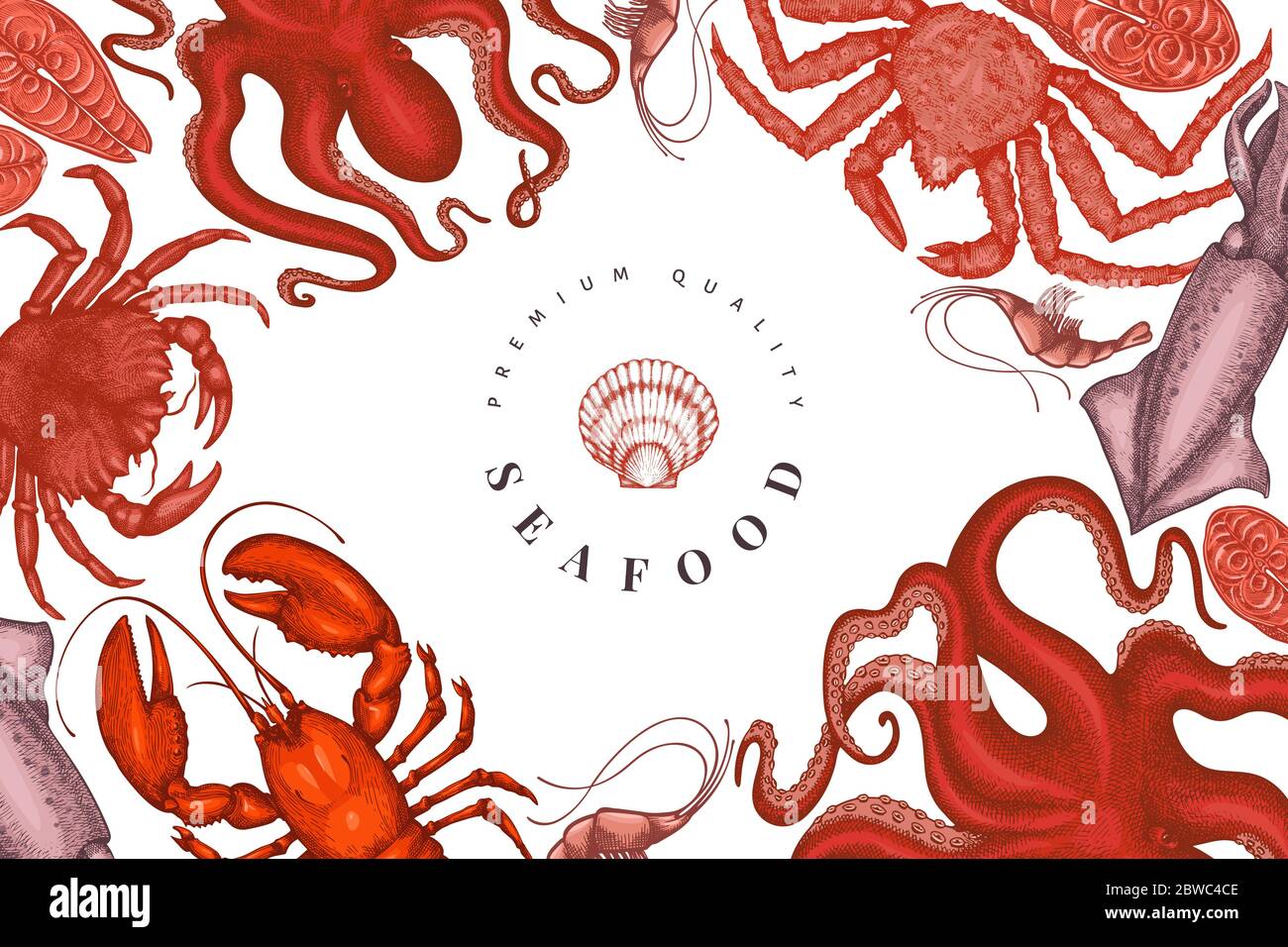 Modello di disegno di frutti di mare. Illustrazione di pesce vettoriale disegnato a mano. Banner alimentare in stile inciso. Vintage animali di mare sfondo Illustrazione Vettoriale