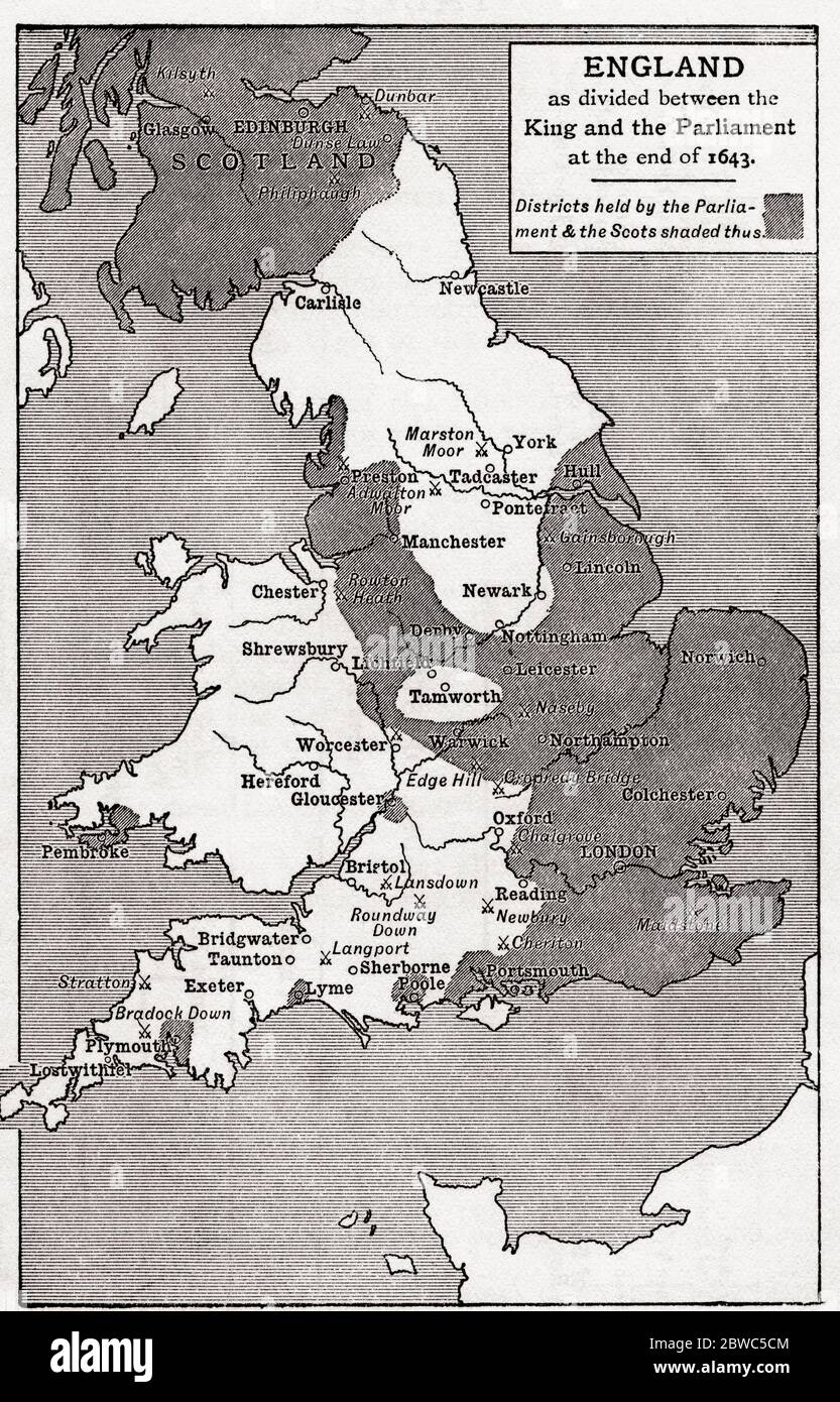 Mappa dell'Inghilterra divisa tra il re e il parlamento alla fine del 1643. Le zone ombreggiate sono distretti tenuti dal parlamento e dagli scozzesi. Dalla Gran Bretagna e i suoi vicini, 1485 - 1688, pubblicato 1923. Foto Stock