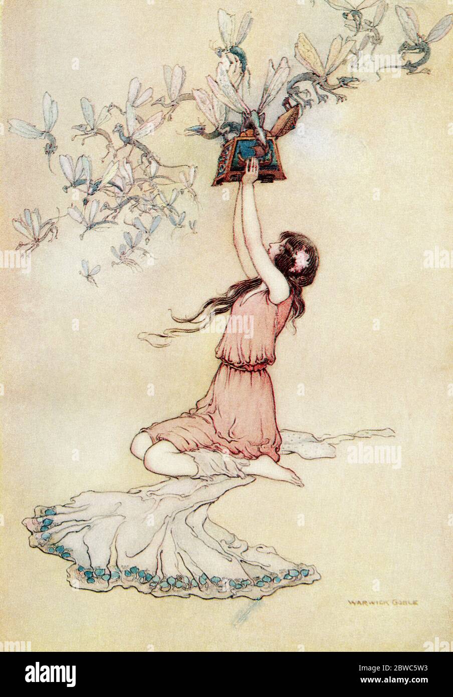 'Pandora e la sua scatola'. Illustrazione di Warwick Goble. From the Water Babies, pubblicato nel 1922. Foto Stock