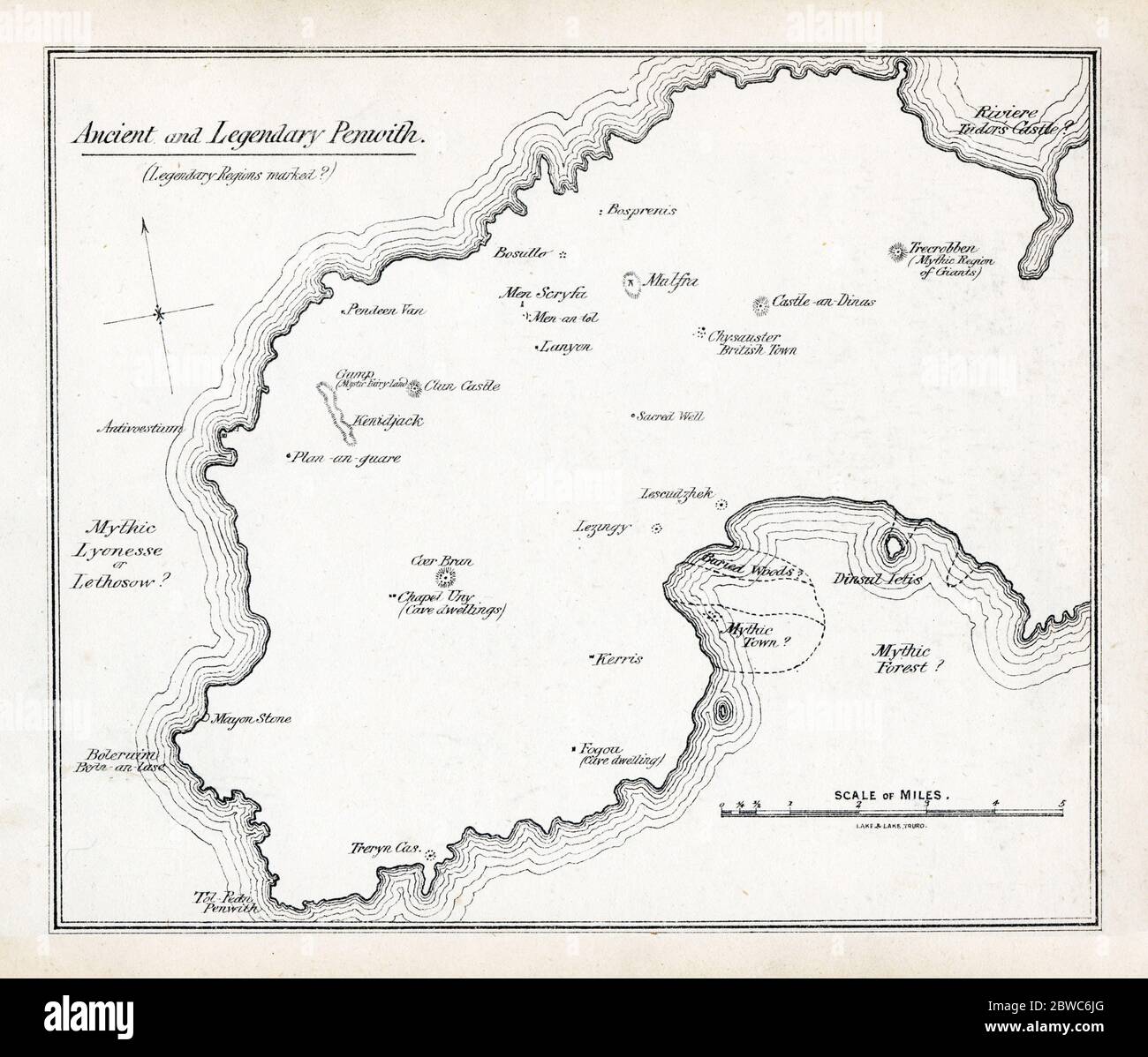 Antica e leggendaria mappa di Penwith del Rev W.S.Lach-Szyrma , vicario di Newlyn San Pietro, nella sua storia del 1878 della Penwith Occidentale con i luoghi menzionati nel vecchio mito e leggenda della Cornovaglia Foto Stock