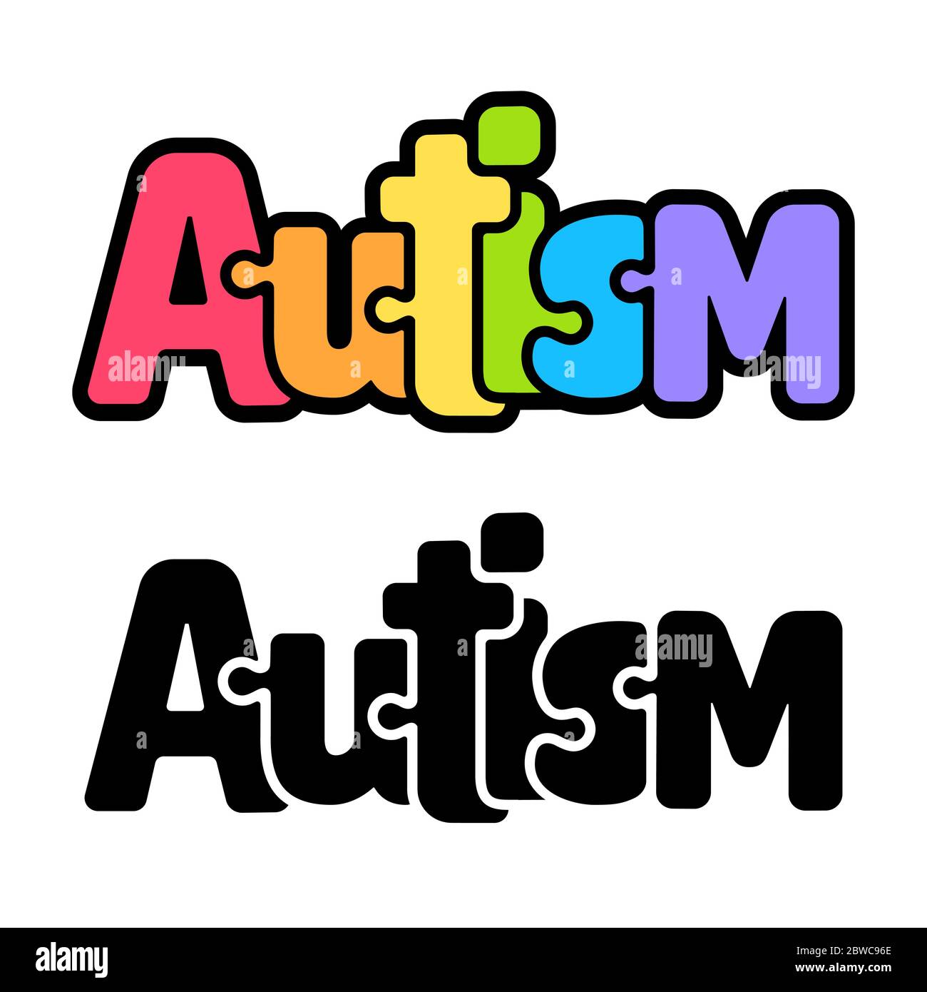 Autismo testo scritta in stile cartoon, jigsaw puzzle simbolo. Colori dello spettro arcobaleno e illustrazione vettoriale in bianco e nero. Illustrazione Vettoriale