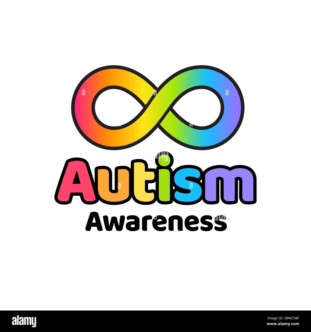 Simbolo di consapevolezza autistica, simbolo infinito arcobaleno e testo. Disturbi dello spettro autistico e supporto della neurodiversity. Illustrazione Vettoriale