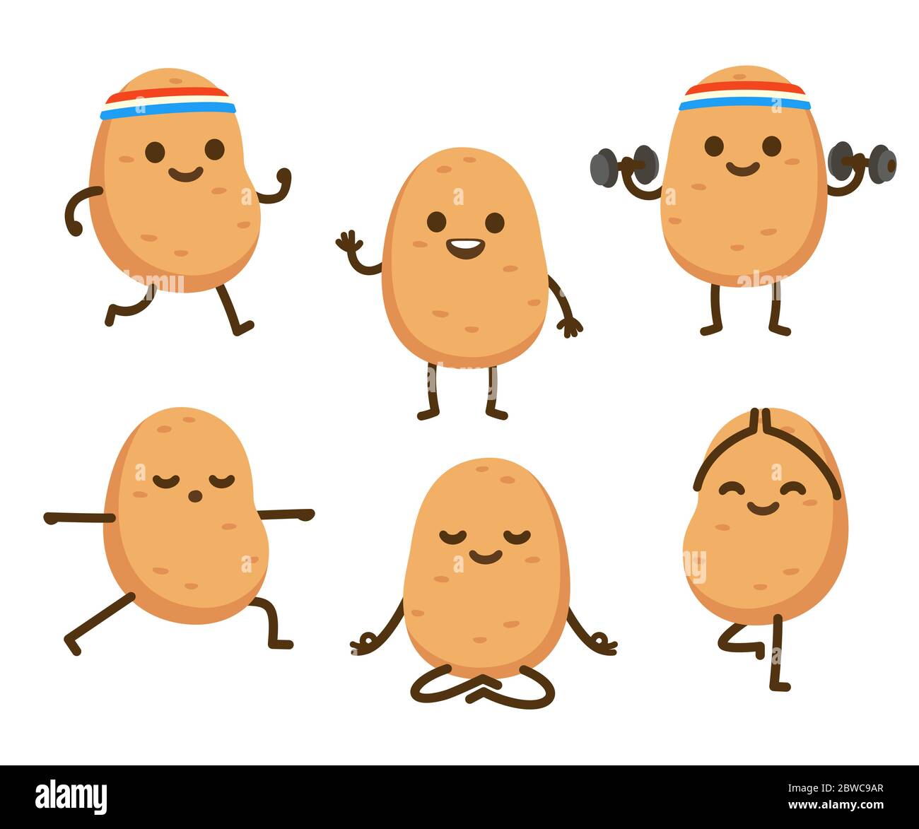 Carino lettino di patate fitness personaggio set di illustrazione. Divertente jogging di patate e sollevamento manubri, facendo yoga e meditando. Cardio, forza Illustrazione Vettoriale