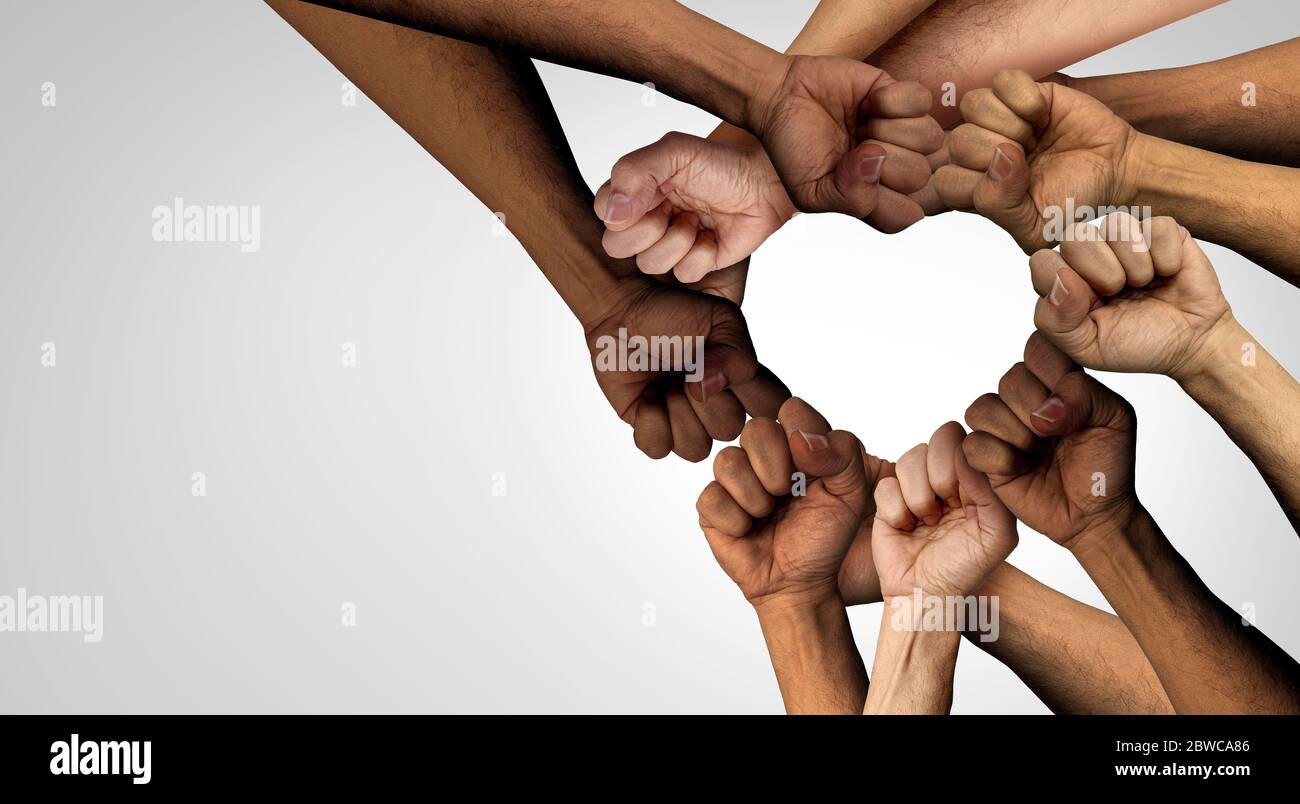 Gruppo di protesta pacifico e protetore unità e diversità partenariato come cuore mani in un pugno di persone diverse collegate insieme come un nonviolento. Foto Stock