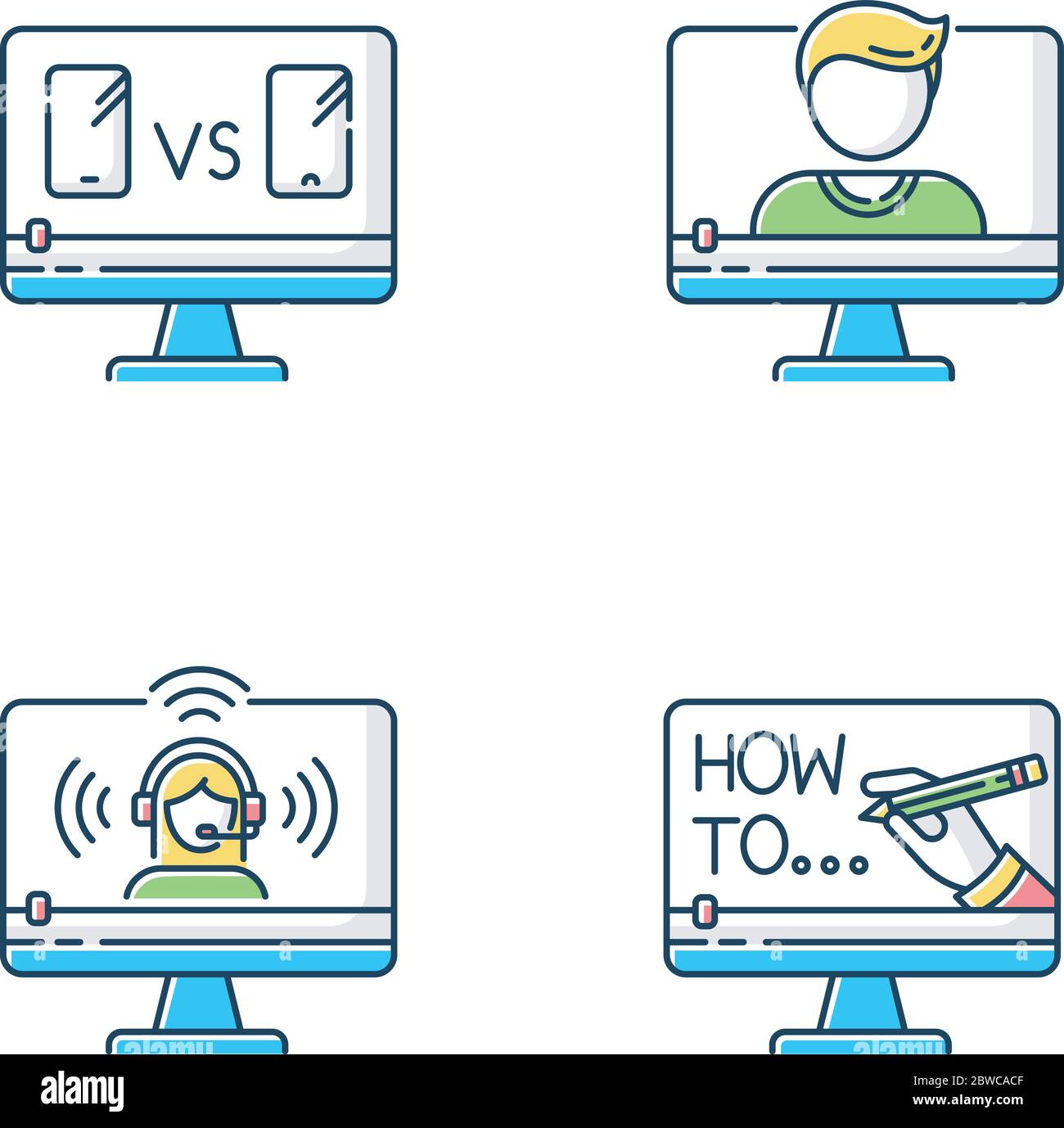 Visualizzazione di video online con icone a colori RGB impostate Illustrazione Vettoriale