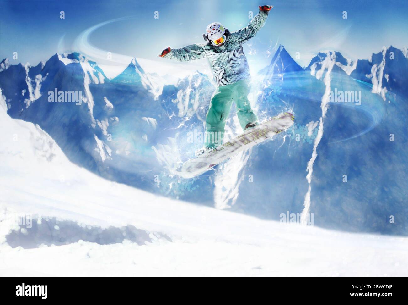 Photoshop Montage, Snowboarder im Spring mit Bewegungsverlauf, immagini di foto stratificate insieme Foto Stock