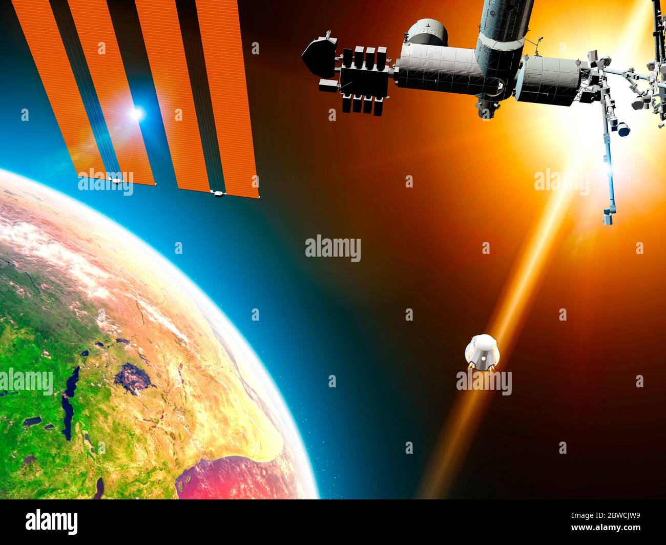 Dragon navicella spaziale in avvicinamento ISS per l'attracco. Esplorazione dello spazio. Orbita terrestre bassa e Vista Terra. Elementi di questa immagine sono forniti dalla NASA Foto Stock