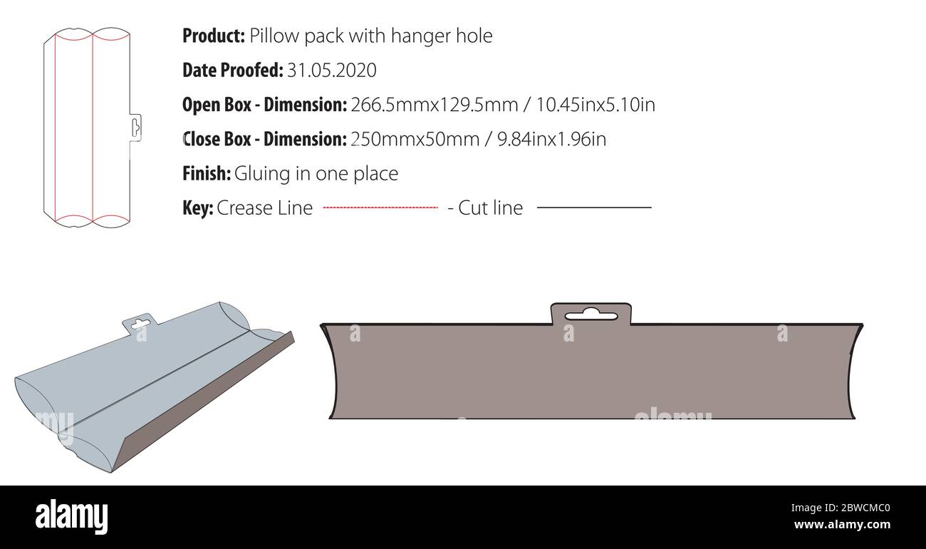 Confezione a cuscino con imballo con foro di aggancio modello di incollaggio fustellato - vettoriale Illustrazione Vettoriale