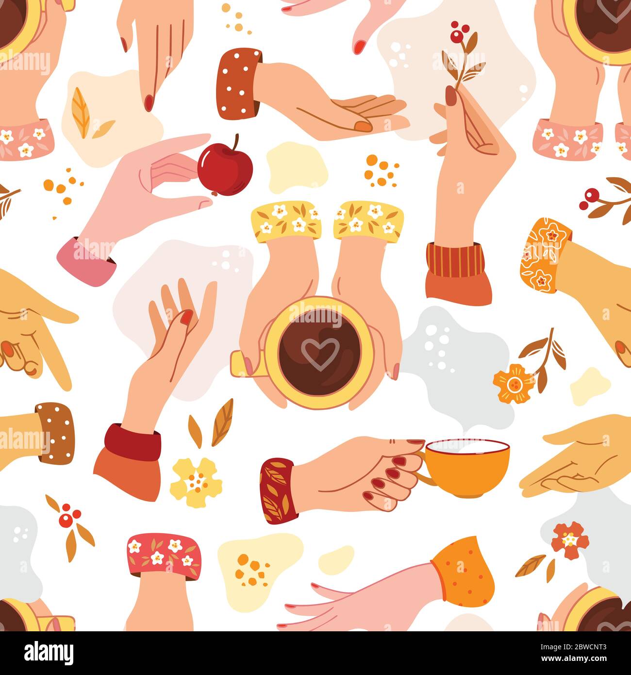 Un modello senza giunture composto da mani femminili in vari gesti e con oggetti diversi e senza. Stile piatto. Illustrazione Vettoriale