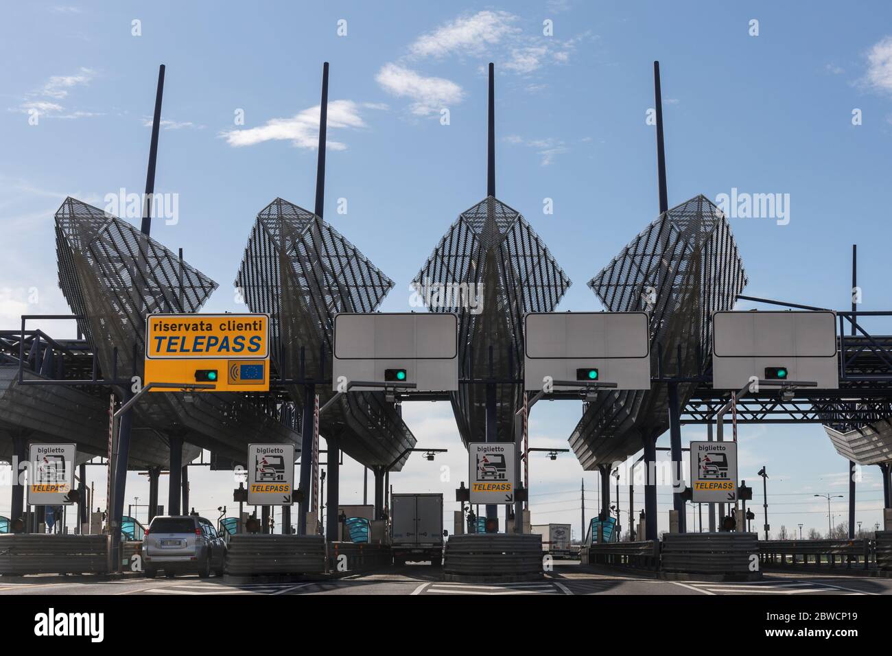 Pedaggio all'autostrada Italiana (autostrada, autostrada) - Vilesse, Friuli Venezia Giulia, Italia Foto Stock
