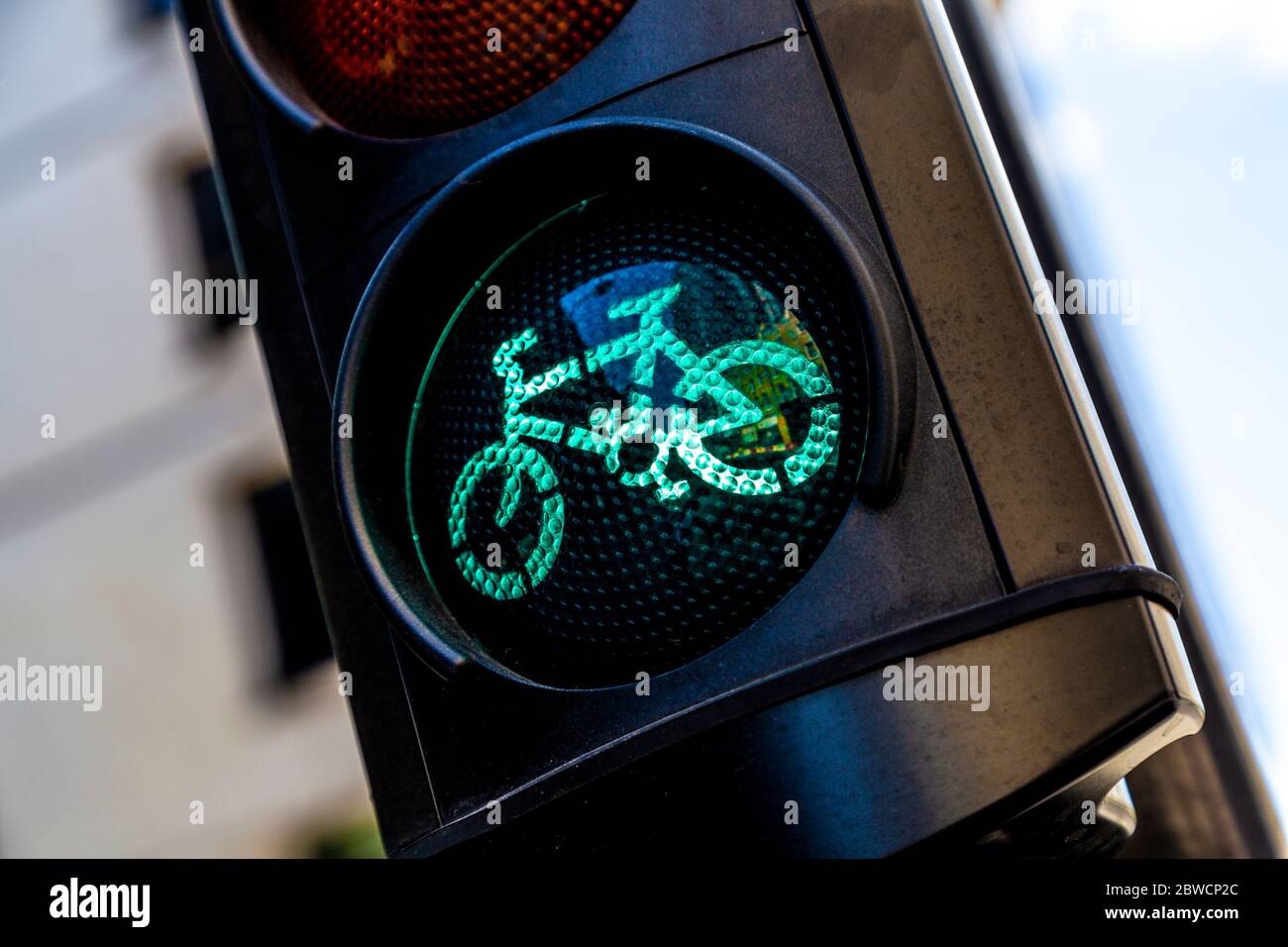 Primo piano del semaforo verde per biciclette, Londra, Regno Unito Foto Stock
