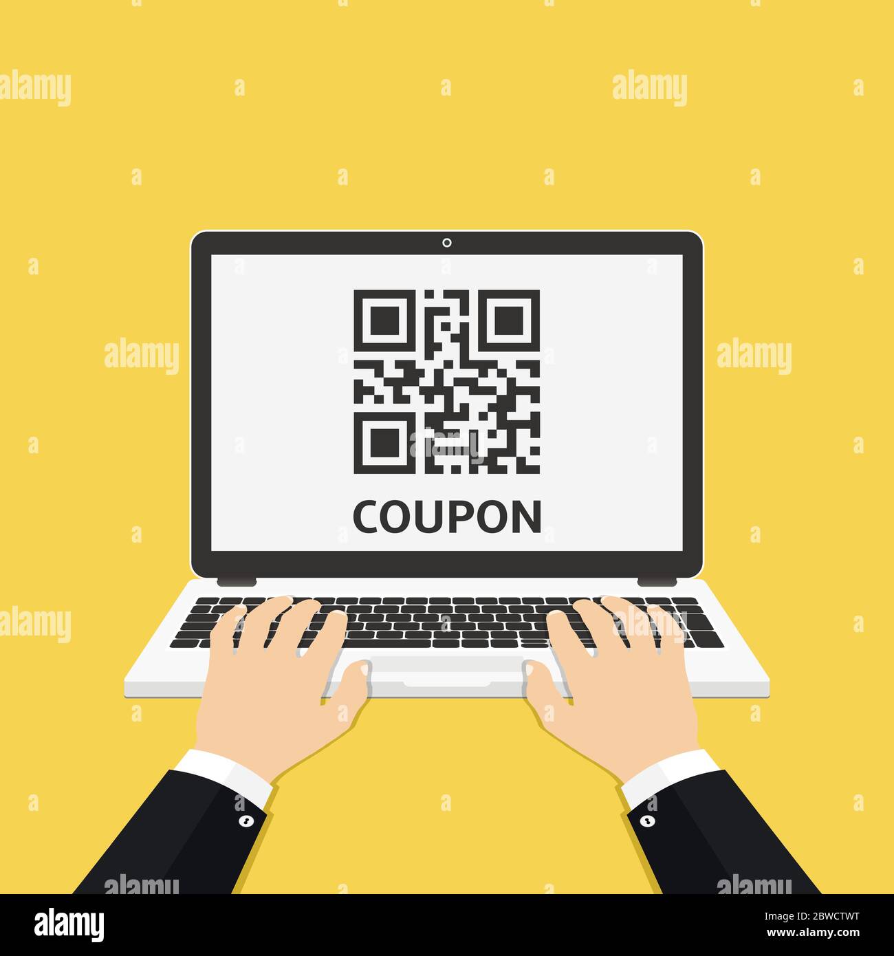 L'uomo passa a mani utilizzando un computer portatile con codice QR buono sullo schermo. Illustrazione vettoriale. Illustrazione Vettoriale