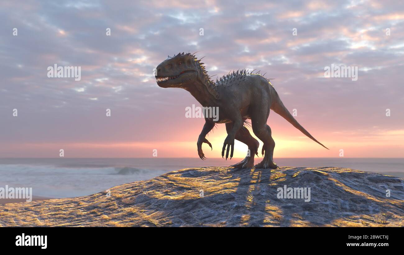 dinosauro su una spiaggia di mare Foto Stock
