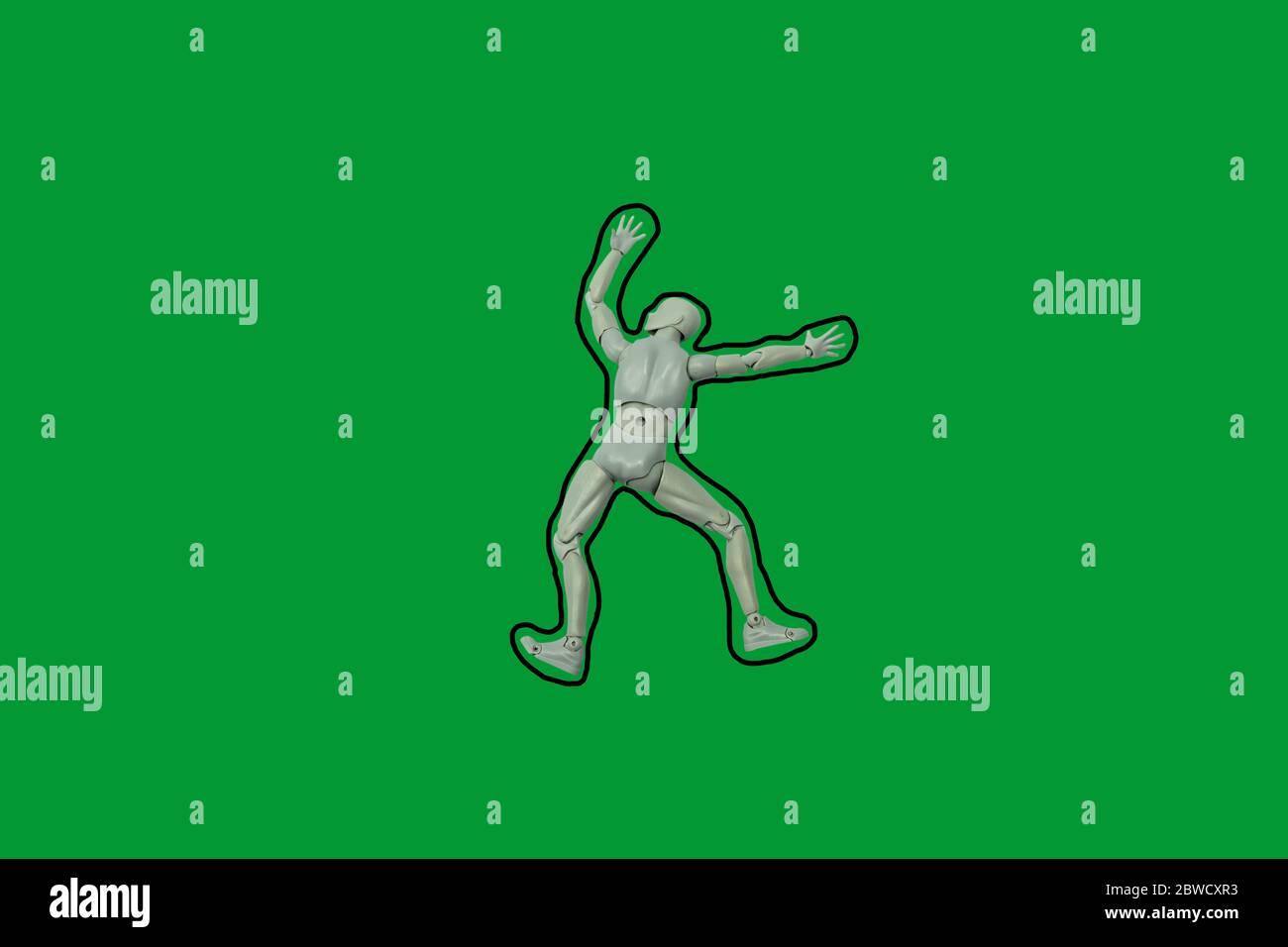 Vista dall'alto della scena criminale di figura d'azione con contorno nero su sfondo verde, isolato Foto Stock