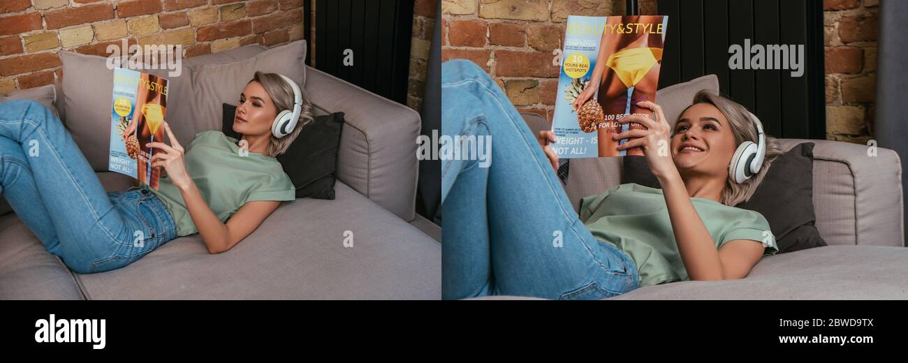 collage di giovane donna che legge rivista mentre si rilassa sul divano in cuffie wireless, immagine orizzontale Foto Stock