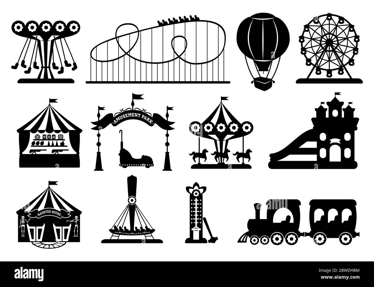 Set glifo nero del parco divertimenti. Stile cartoon silhouette a carosello. Fiera, montagne russe, giostra, mongolfiera, ruota panoramica per bambini. Circus marquee estate di svago. Illustrazione vettoriale Illustrazione Vettoriale