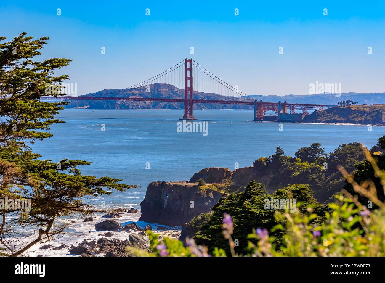 Vista del Golden Gate Bridge dal parco Lands End e scogliere con cipressi, Oceano Pacifico sullo sfondo a San Francisco, California Foto Stock
