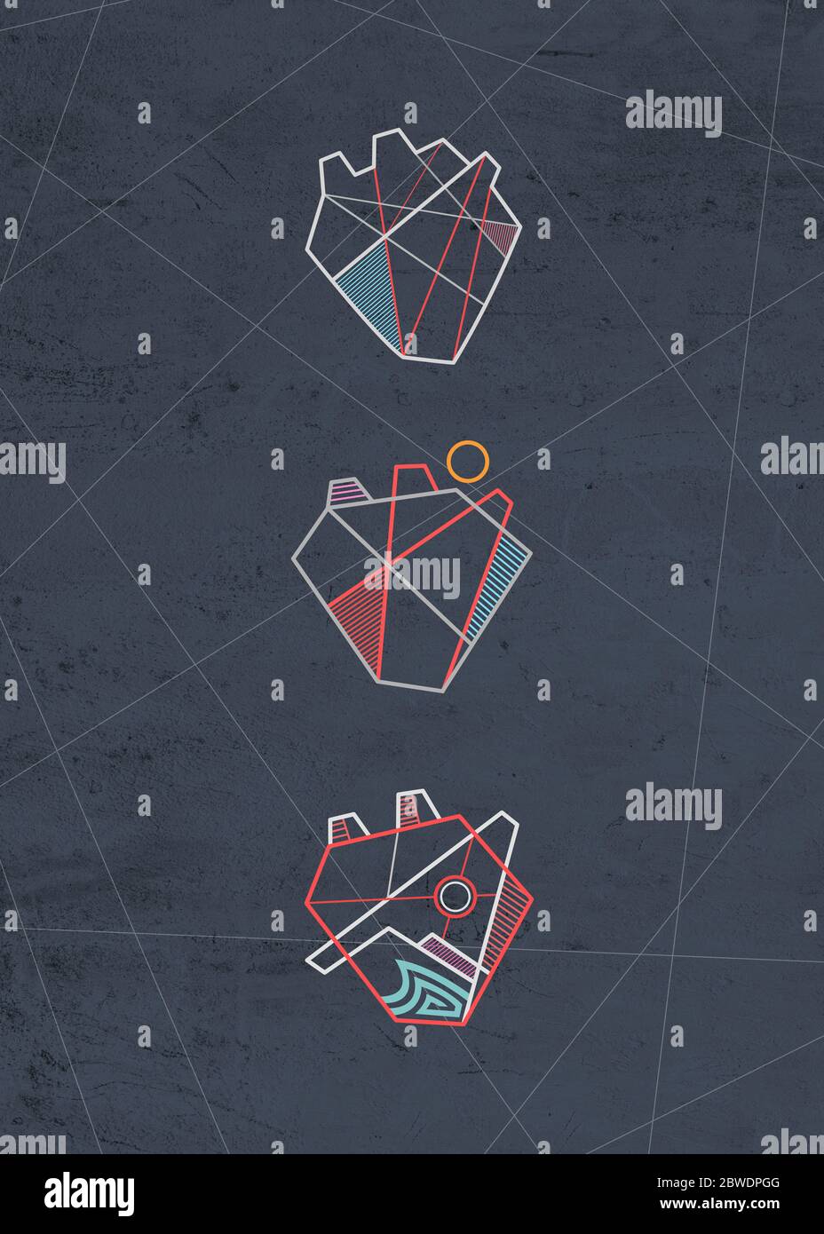 Illustrazioni digitali di alcuni simboli geometrici minimi del cuore Foto Stock