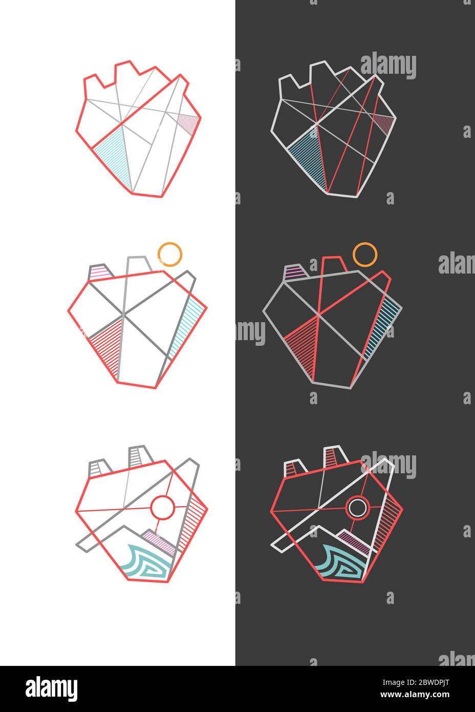 Illustrazioni vettoriali digitali di alcuni simboli geometrici minimi del cuore Foto Stock