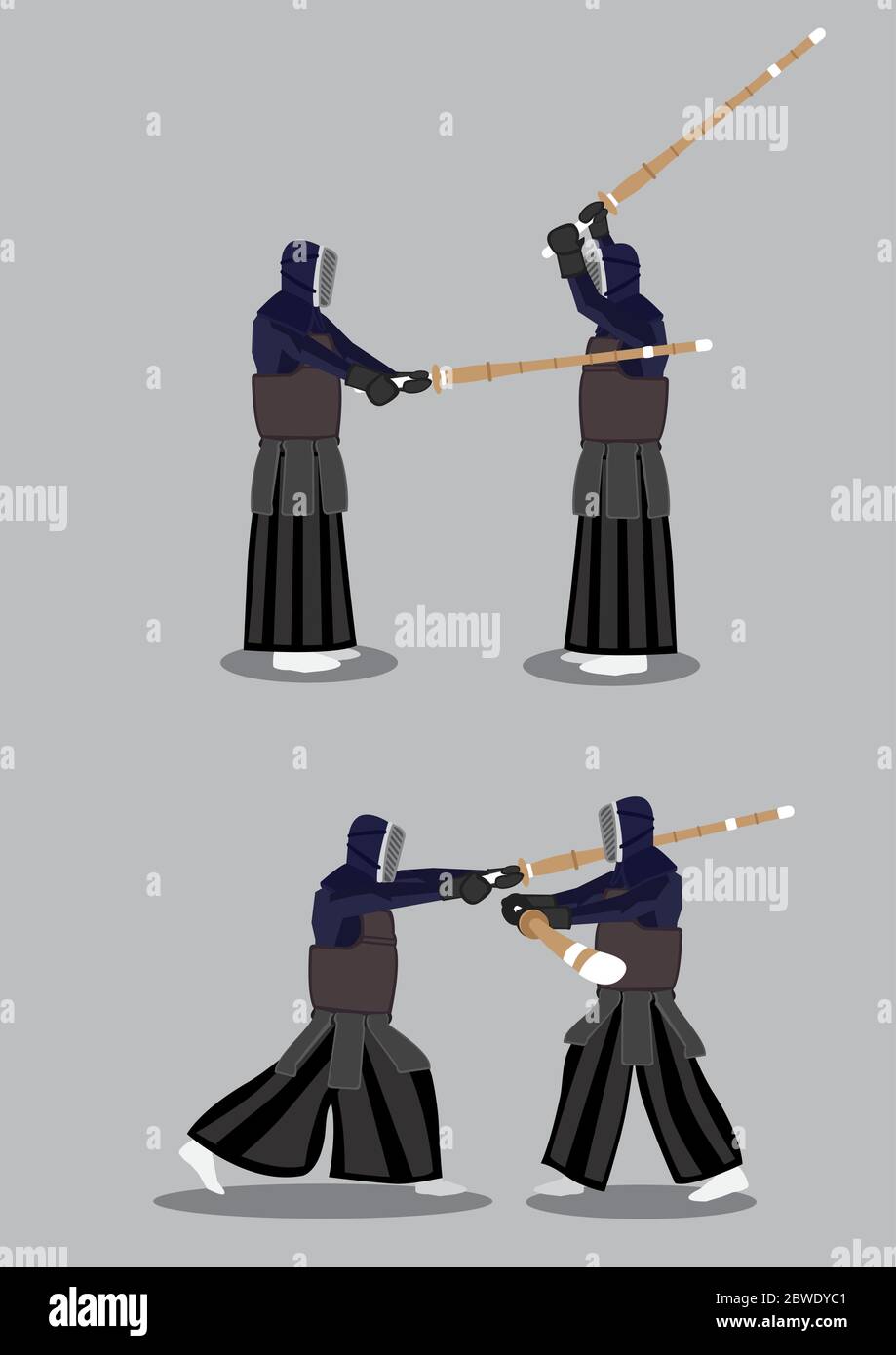 I professionisti del kendo sparring in azione. Due serie di illustrazioni vettoriali isolate su sfondo grigio. Illustrazione Vettoriale