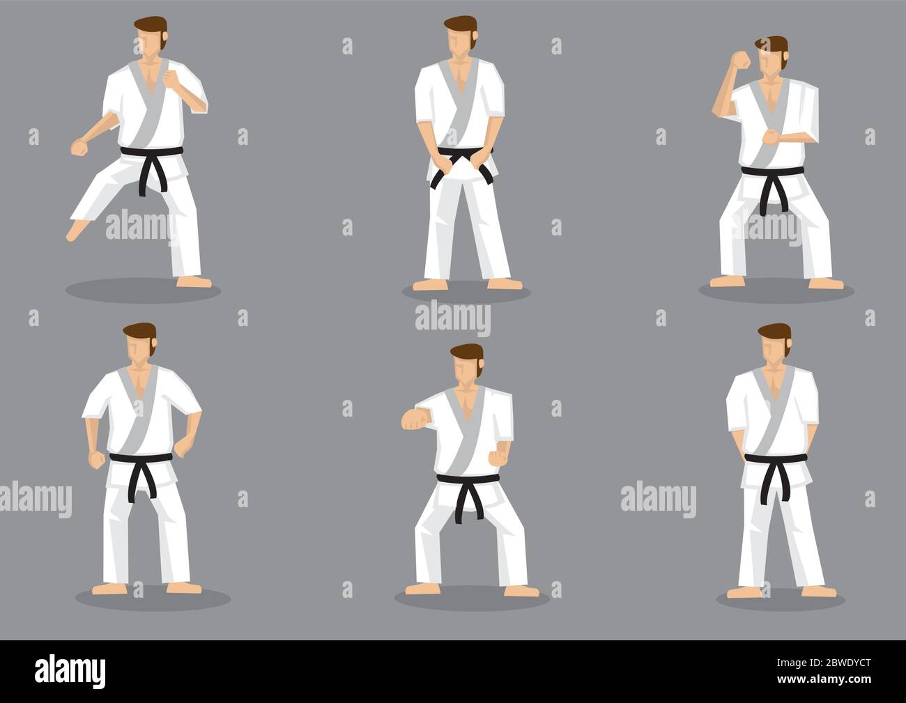 Insieme di sei icone vettoriali di cartone animato a corpo pieno uomo che pratica base Karate si muove isolato su sfondo grigio. Illustrazione Vettoriale